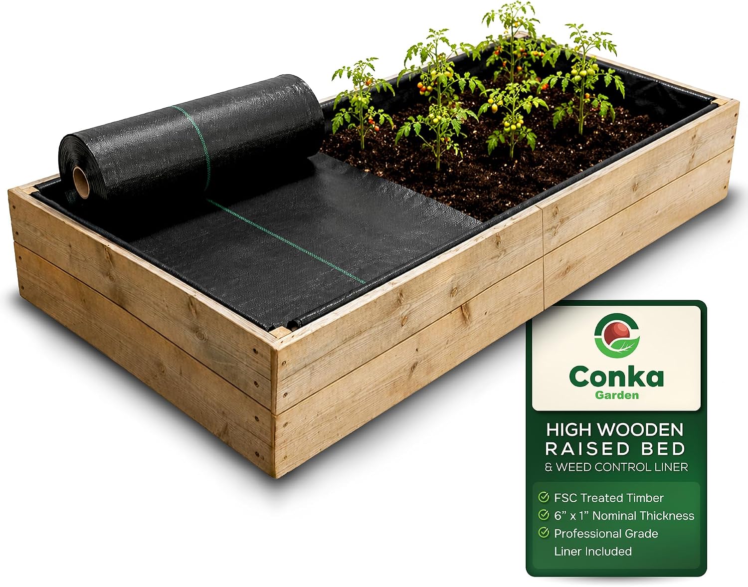 Conka Garden - Wooden Raised Bed Kit with Weed Control Liner - Large Garden Planters for Growing Vegetables, Herbs, Flowers & Fruit - Durable & Resistant FSC Treated Timber - 15cm x 30cm x 90cm
