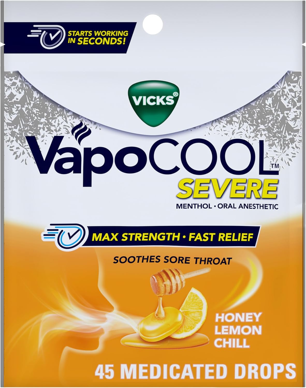 Vicks VapoCool Severe Medicated Sore Throat Drops, Max Strength Menthol, Soothes Sore Throat Pain, Honey Lemon Flavor, 45ct