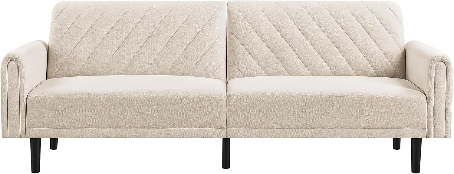 Yaheetech Click-clack 3-Seater Sofa Reclining Daybed Modern Fabric Futon Convertible Couch with Large Side Pockets for Living Room/Bedroom/Apartment Beige