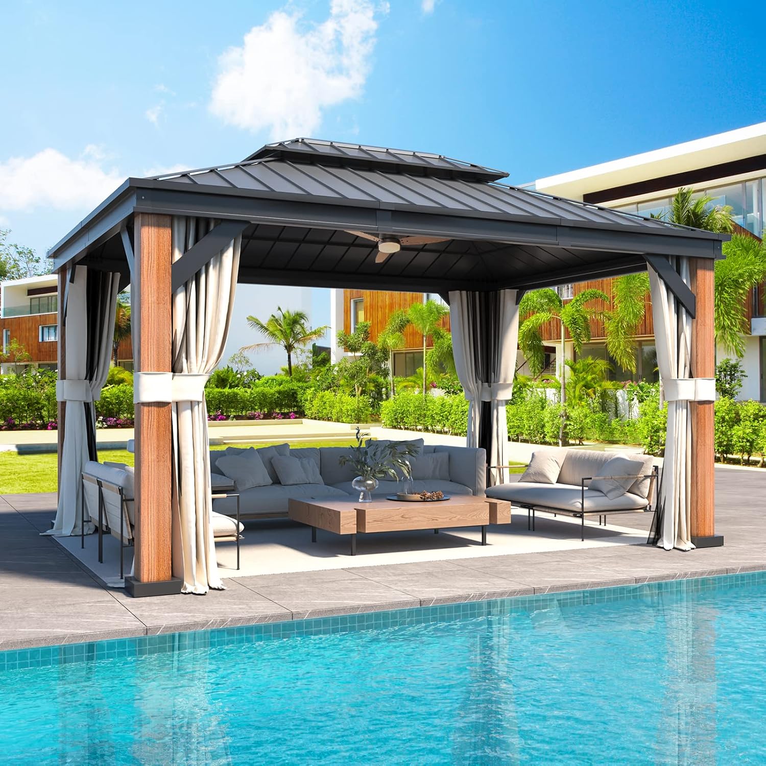 EROMMY 12' x 16' Hardtop Gazebo, Wooden Grain Aluminum Frame Thicker Column with Galvanized Steel Roof, Outdoor Permanent Pavilion with Curtains and Nettings for Patio, Backyard, Deck and Lawns