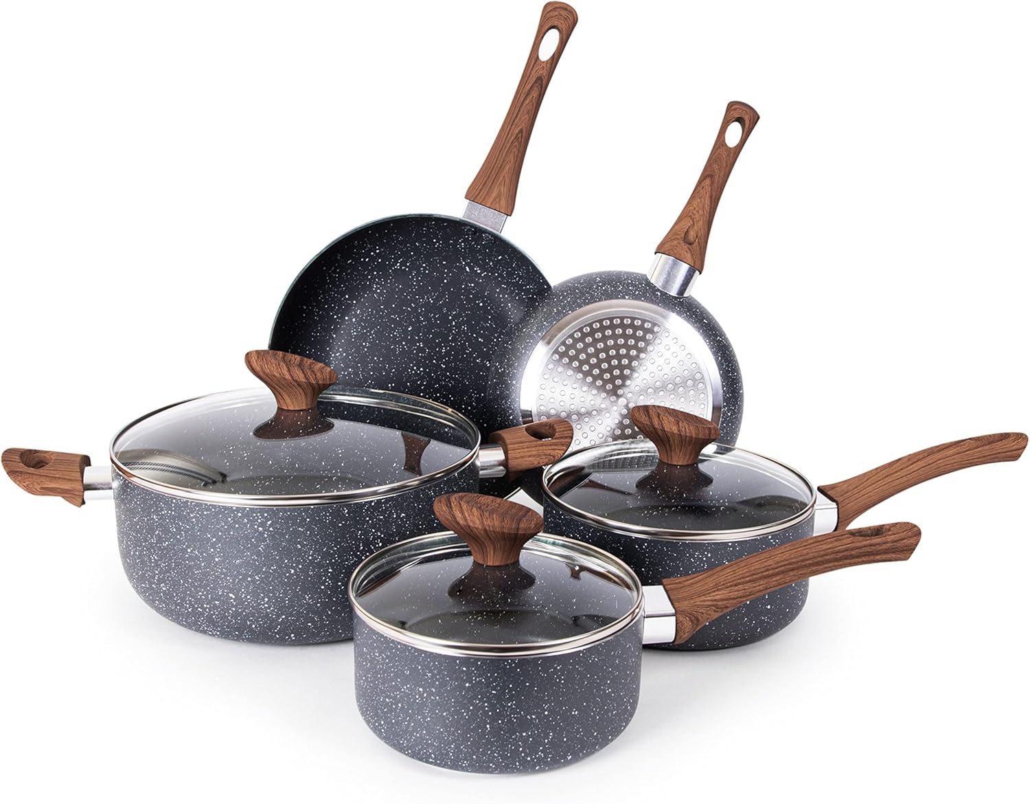 Non Stick Pots and Pans Set – Induction Hob Pot Set – 8pcs Kitchen Cookware with Lids – Cooking Marble Saucepan Pots and Frying Pans – by Nuovva