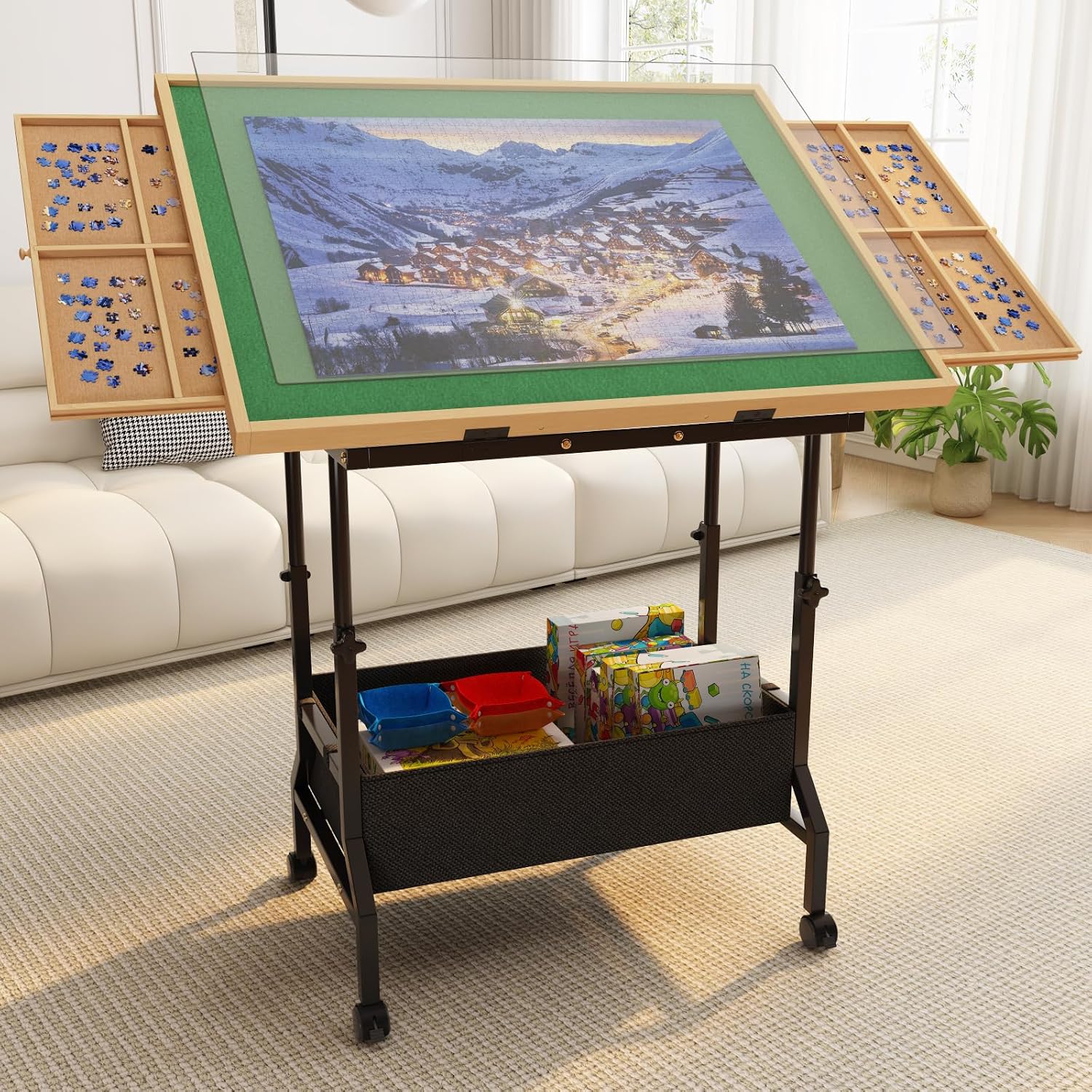 Puzzle Table with 2 Drawers for 300-1500 Piece Puzzles - Rolling Puzzle Table with Adjustable Height & Angle, Puzzle Board with Felt, Cover, Storage Drawer for Adults