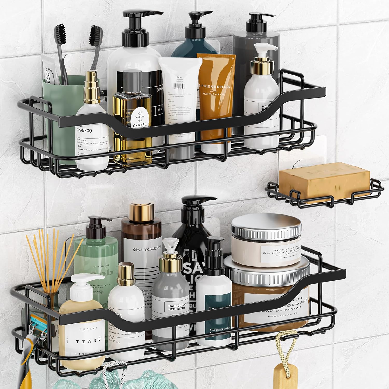 OMAIRA Shower Caddy 3-Pack, Adhesive Shower Organizer with Soap Holder, Rustproof No Drilling Shelves for Inside Bathroom Organizer and Storage, Black(Large)