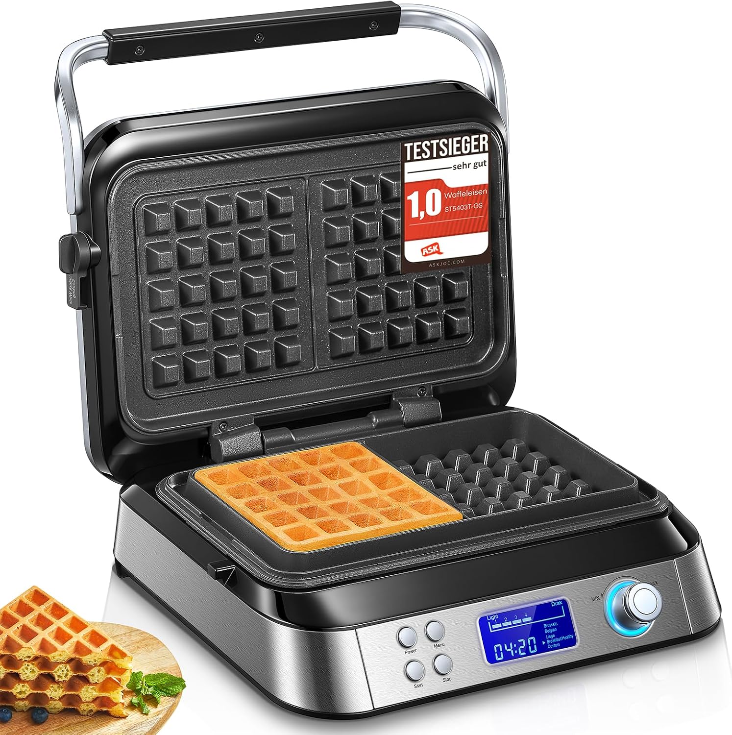 Pro Smart Waffle Maker, Non-Stick, 7 Browning Levels, 5 Programmes, Family Size, Digital Display, Overflow Protection, 1600W, Countdown Timer, Audible Alerts (Silver)