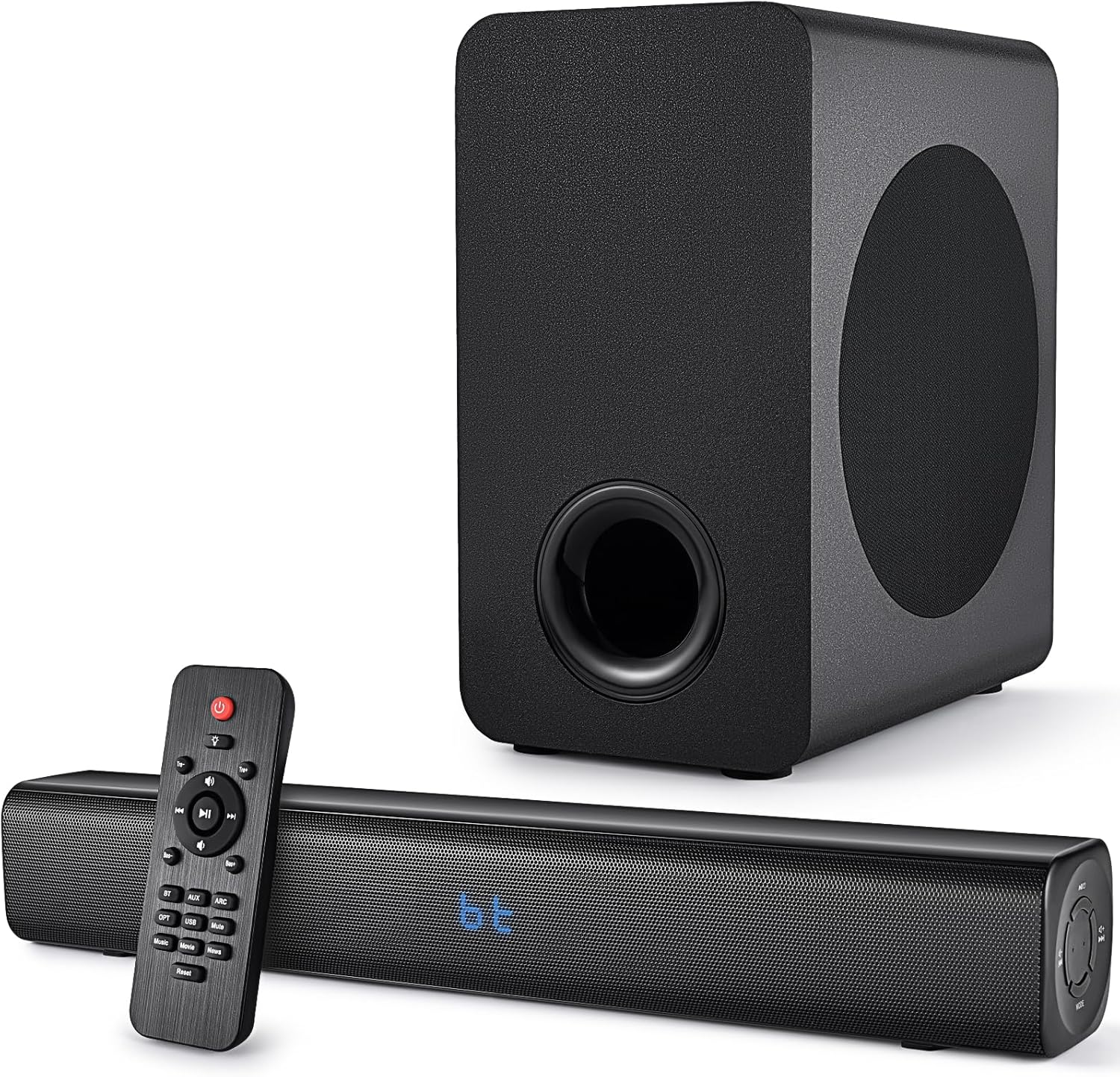 Sound Bar Speakers Bluetooth Wireless, TV Speakers Sound Bar Subwoofer, Home Theater Surround Sound Bar HDMI(ARC) Optical AUX USB 2.1ch Home Audio Sound System TV PC Wall Mount, Black