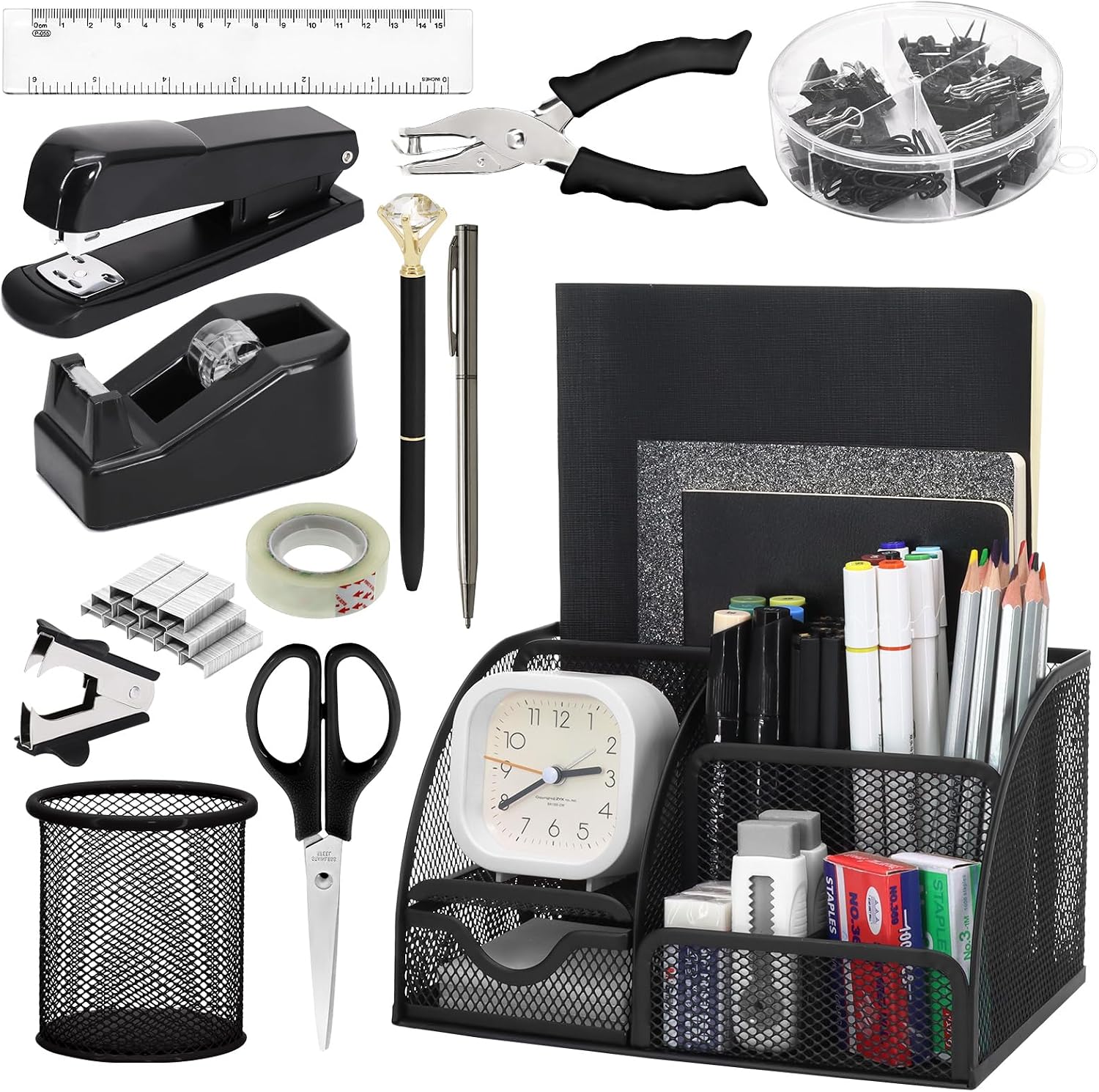 13-in-1 Office Desk Organizer Set with Stapler and Tape Dispenser, Pen Holder, Scissors, Ruler, Hole Punch, 2 Pens & More - All-in-One Desktop Accessories for Home Office School Supplies (Black)
