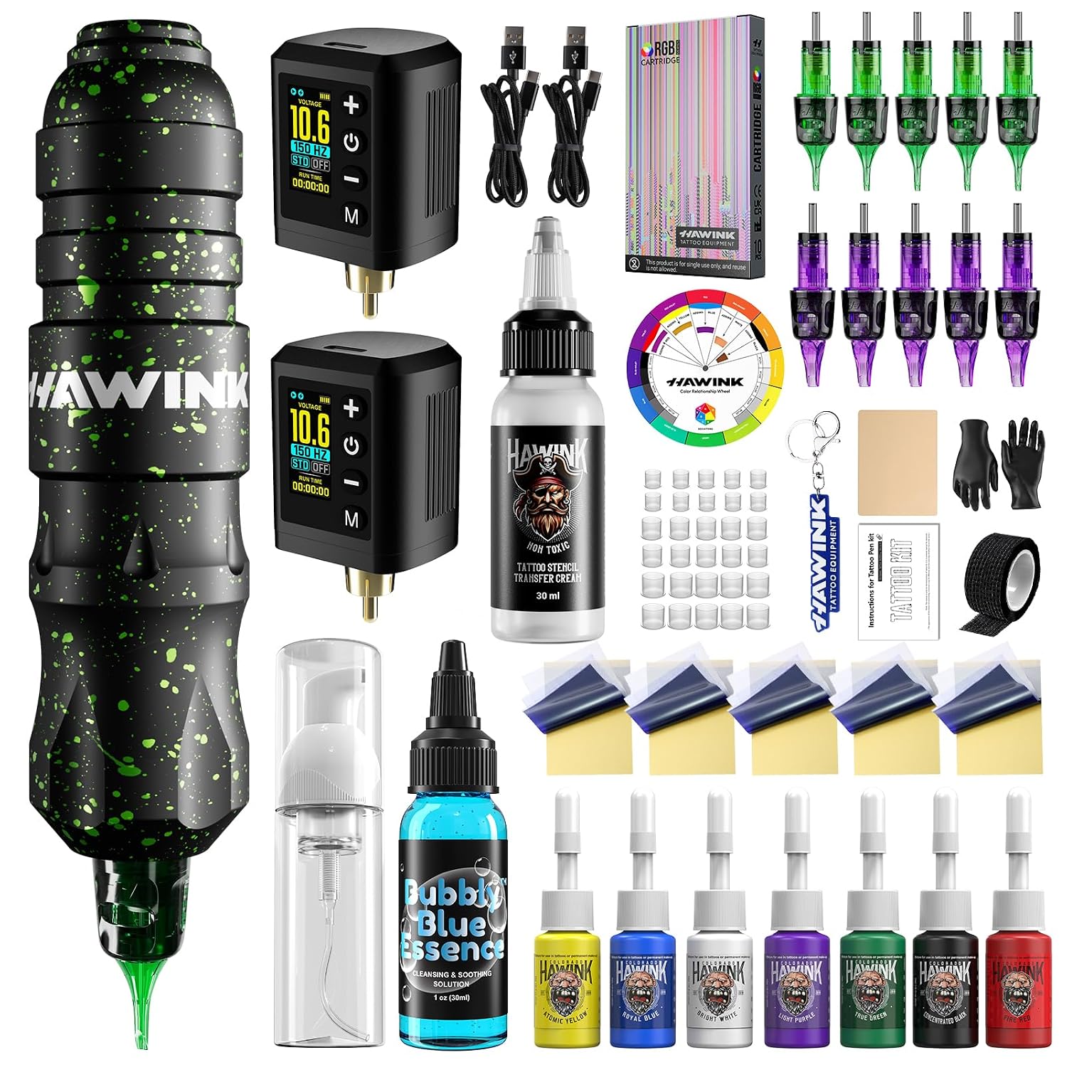 HAWINK Tattoo Gun Kit with Power Supply LCD digital 1600mAh 2PCS Tattoo Battery