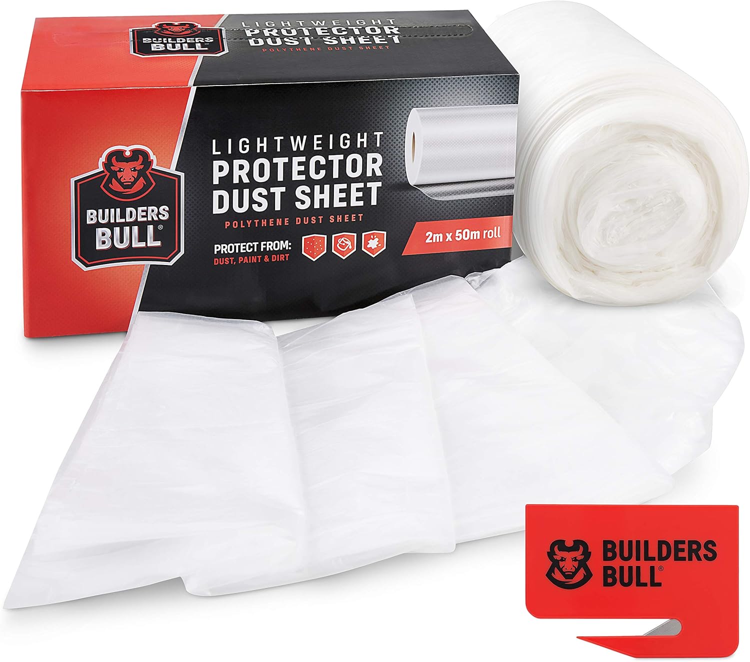 Builders Bull™ Dust Sheets for Painting | 2m x 50m Large Plastic Sheet Roll for Decorating | Lightweight Dust-Proof Plastic Sheeting for Floor Protection | Polythene Sheeting Furniture Cover