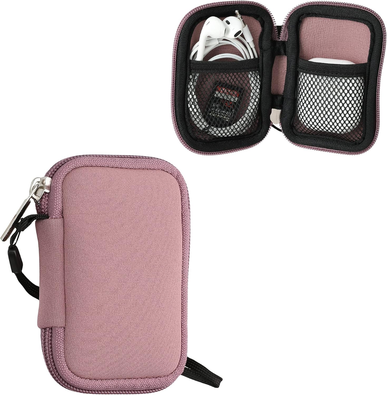 kwmobile Neopren Earphone Case for Earbuds - Small Hearing Aid case with inner mesh pouch - Zipper Storage Bag Pouch for Headphones Earbuds - Dark Rose