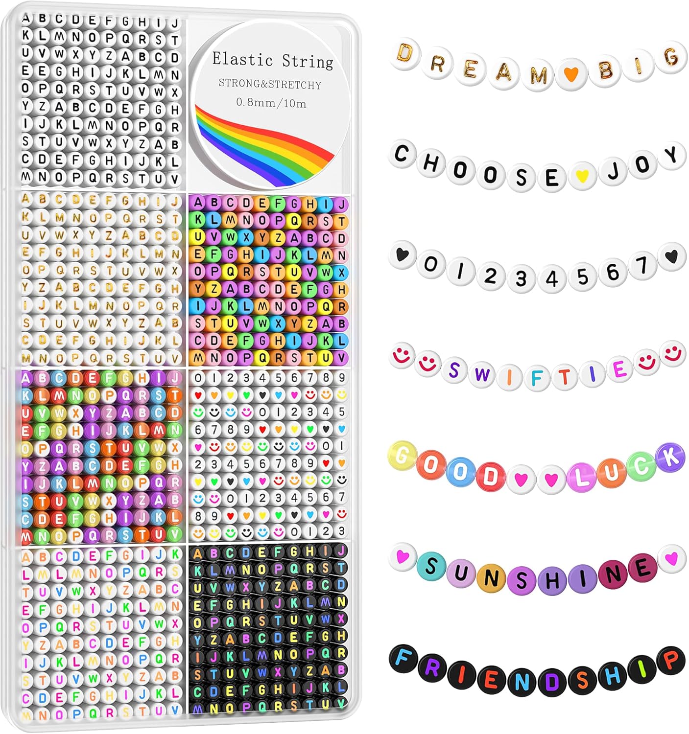 Redtwo 1600 Pcs Letter Beads Kit, 6 Styles of Colorful Alphabet Beads for Bracelet, Number Beads Smiley Face Beads Heart Beads and a Roll of Elastic String for Friendship Bracelet Kit.