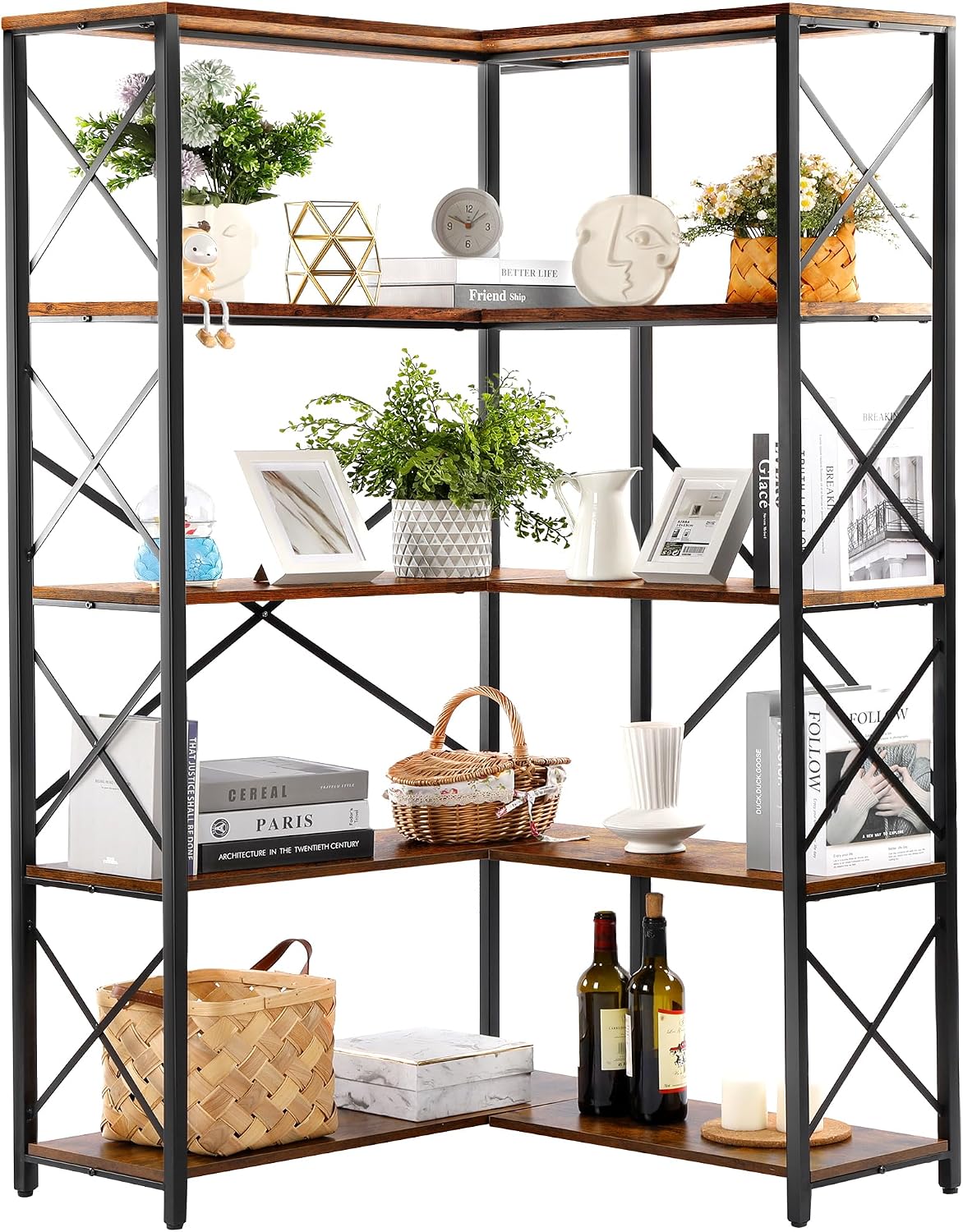 Rengue Bookshelf 5 Tier Corner Shelf, Large Modern Industrial Bookcase L Shaped Storage Display Rack with Heavy Duty Metal Frame for Home Office, Living Room, Bed Room