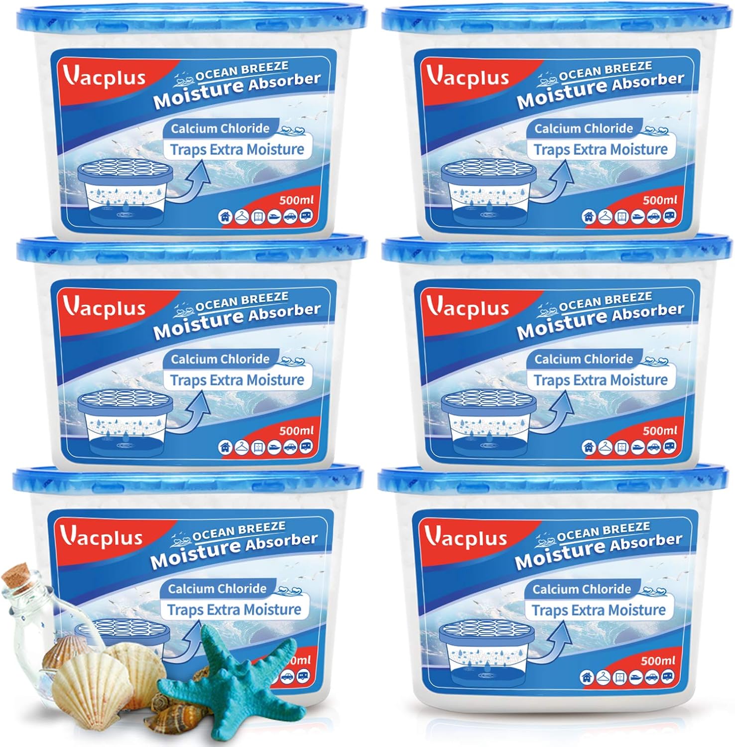 Vacplus Moisture Absorbers 6 pack, 10.5Oz Portable Humidity Absorber Boxes for Your Bathroom, Closet & Car, Dehumidifier and Odor Eliminator with Ocean Fragrance for Fresher Air, Light Blue