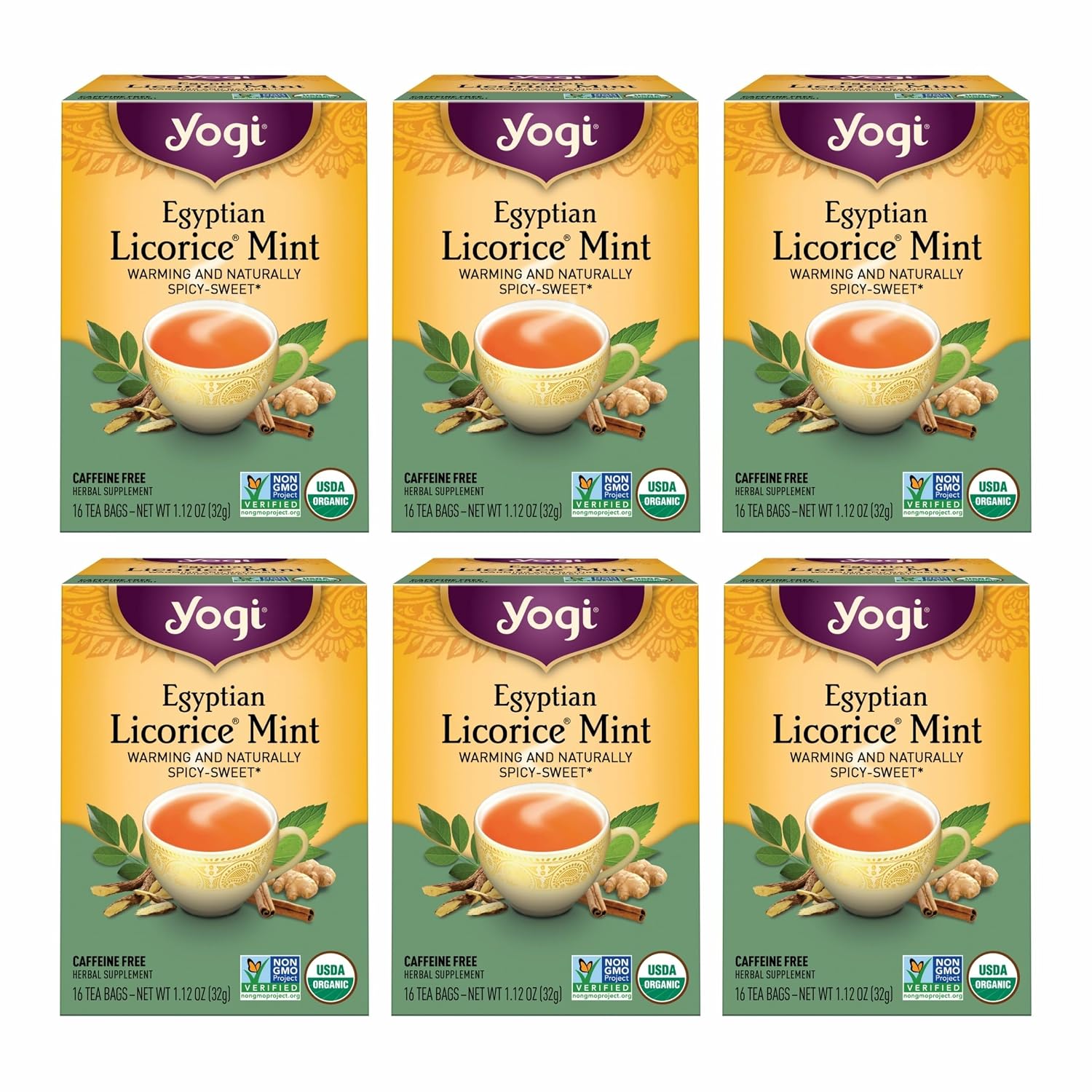 Yogi Egyptian Licorice Mint Tea, 16 Tea Bags (6 Pack) | Delicious and Flavorful Organic Tea Blend That Can be Enjoyed Anytime; Vegan, USDA Organic and Non-GMO