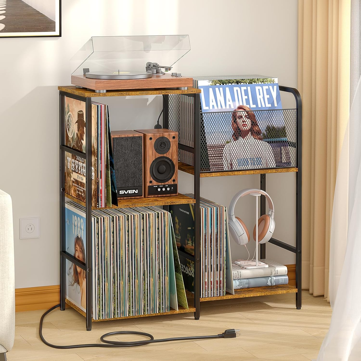 ThreeHio Record Player Stand with Power Outlets, Turntable Stand with Vinyl Storage Holds up to 300+ Albums, Storage Cabinet for Vinyl Records, Record Player Table with LED Light for Living Room