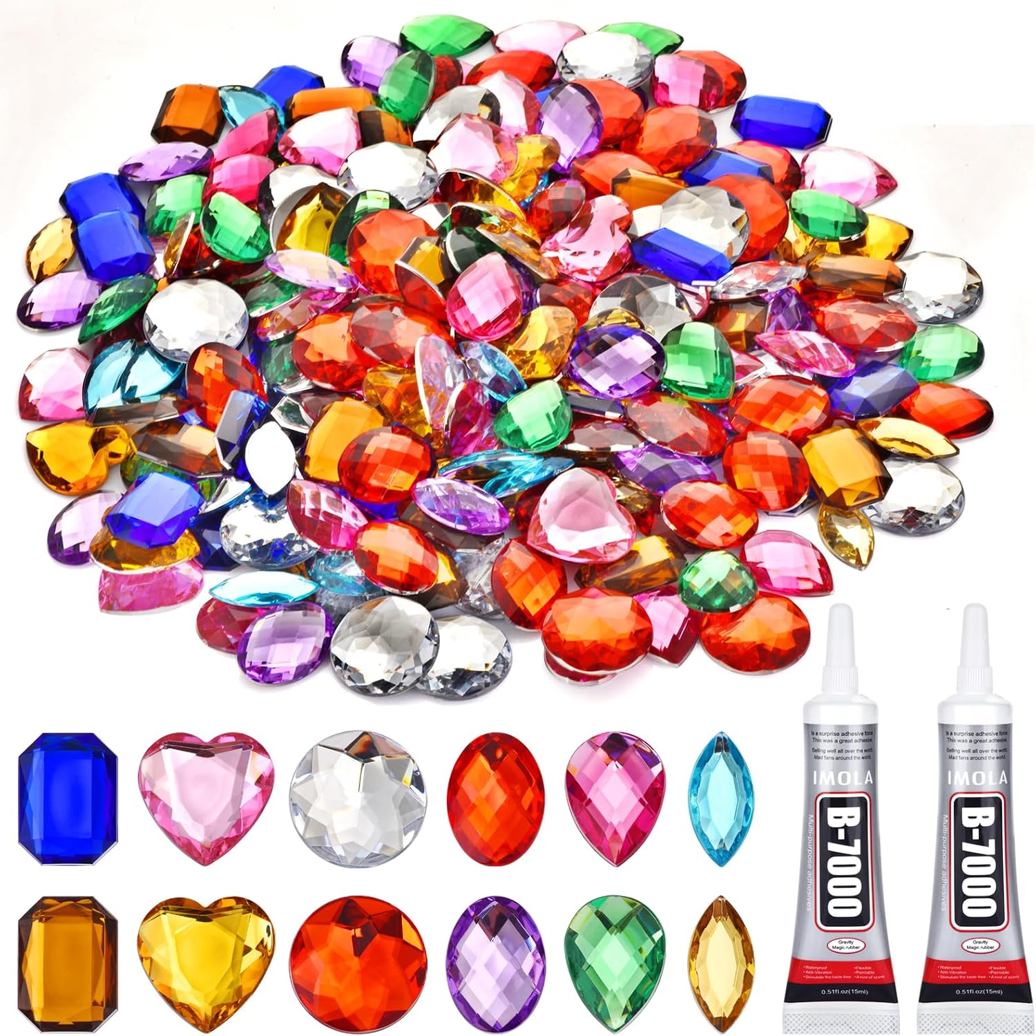 120PCS Craft Gems Jewels, 1" Larger Sequins with 2 Pack B7000 Jewelry Glue, Colorfull Acrylic Flatback Rhinestones for Pirate, Clothing Decoration, Themed Party Decoration Accessories