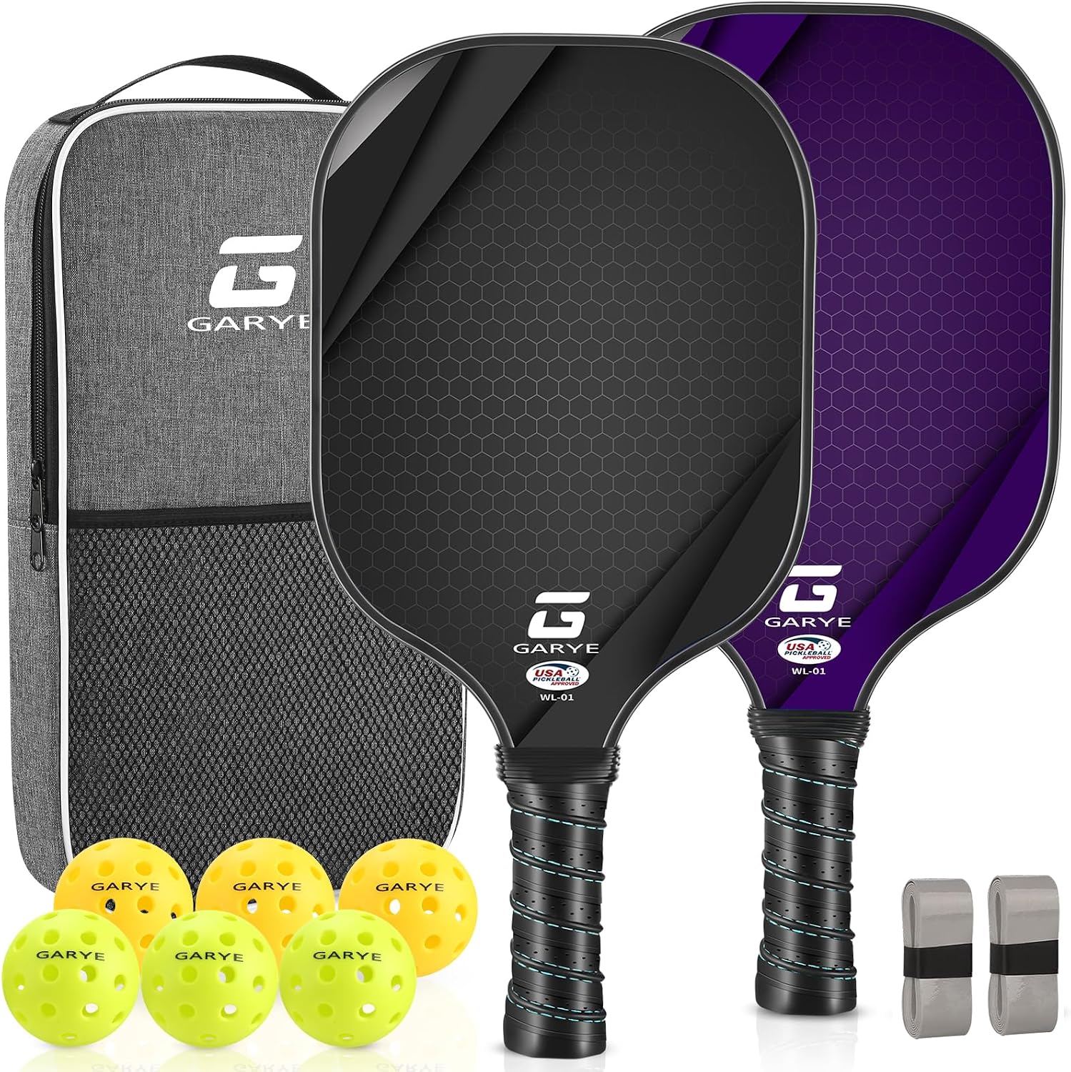 GARYE Pickleball Paddles Set of 2/4, USAPA Approved Carbon Fiber Pickleball Set, Lightweight Pickle Ball Rackets 2/4 Pack with 6 Balls, 1 Bag, Pair of Grip Tapes, Pickle Ball Paddle for Men and Women