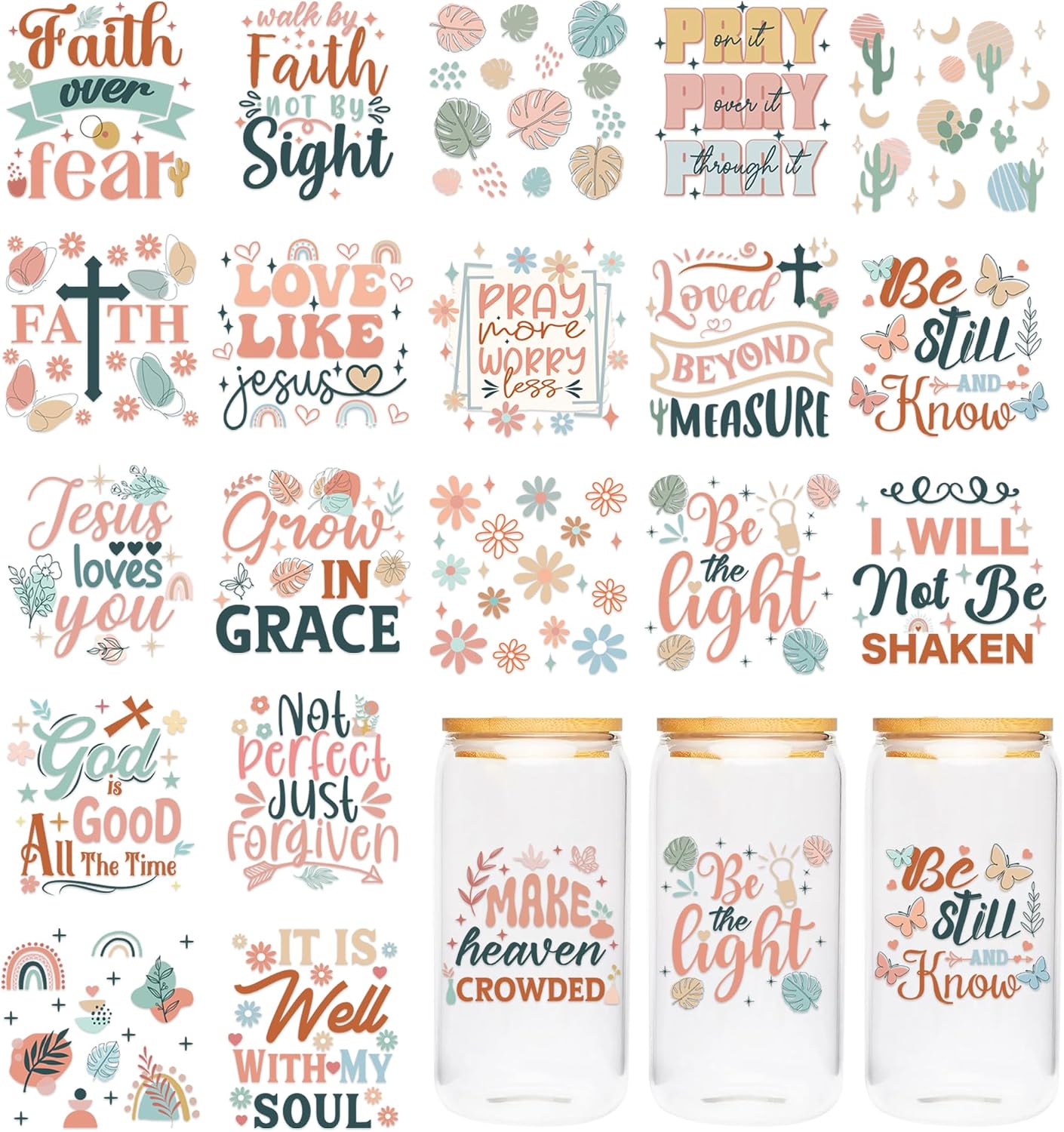 CRASHOT UV DTF Cup Sticker - Boho Bible Verse UV DTF Transfer Sticker for Mug, Water Bottle, Leaf, Daisy, Butterfly Design, DIY Gift for Notebook, Laptop, Car, Waterproof Rub on Transfer Decal
