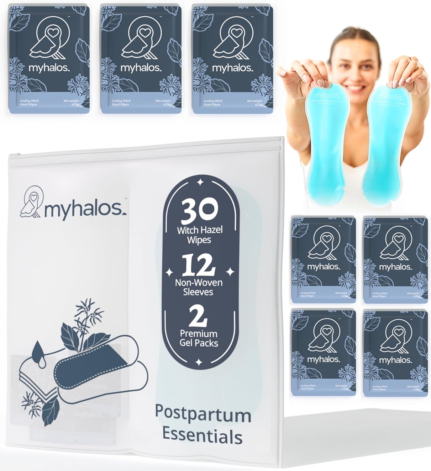 MyHalos® 44pcs Perineal Ice Packs For Postpartum & 30 Witch Hazel Wipes For Hemorrhoids, Soothing Witch Hazel Pads Postpartum Ice Pack, Perineal Cold Pads Postpartum & Maternity Ice Pads After Birth