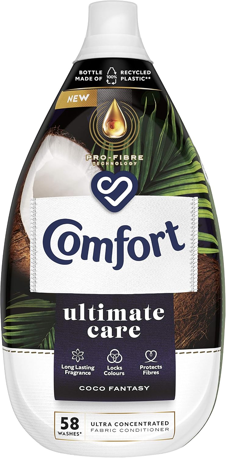 Comfort Ultimate Care Coco Fantasy Ultra-Concentrated Fabric Conditioner bottle made of 100% recycled plastic* for complete clothes protection 58 Wash 870 ml