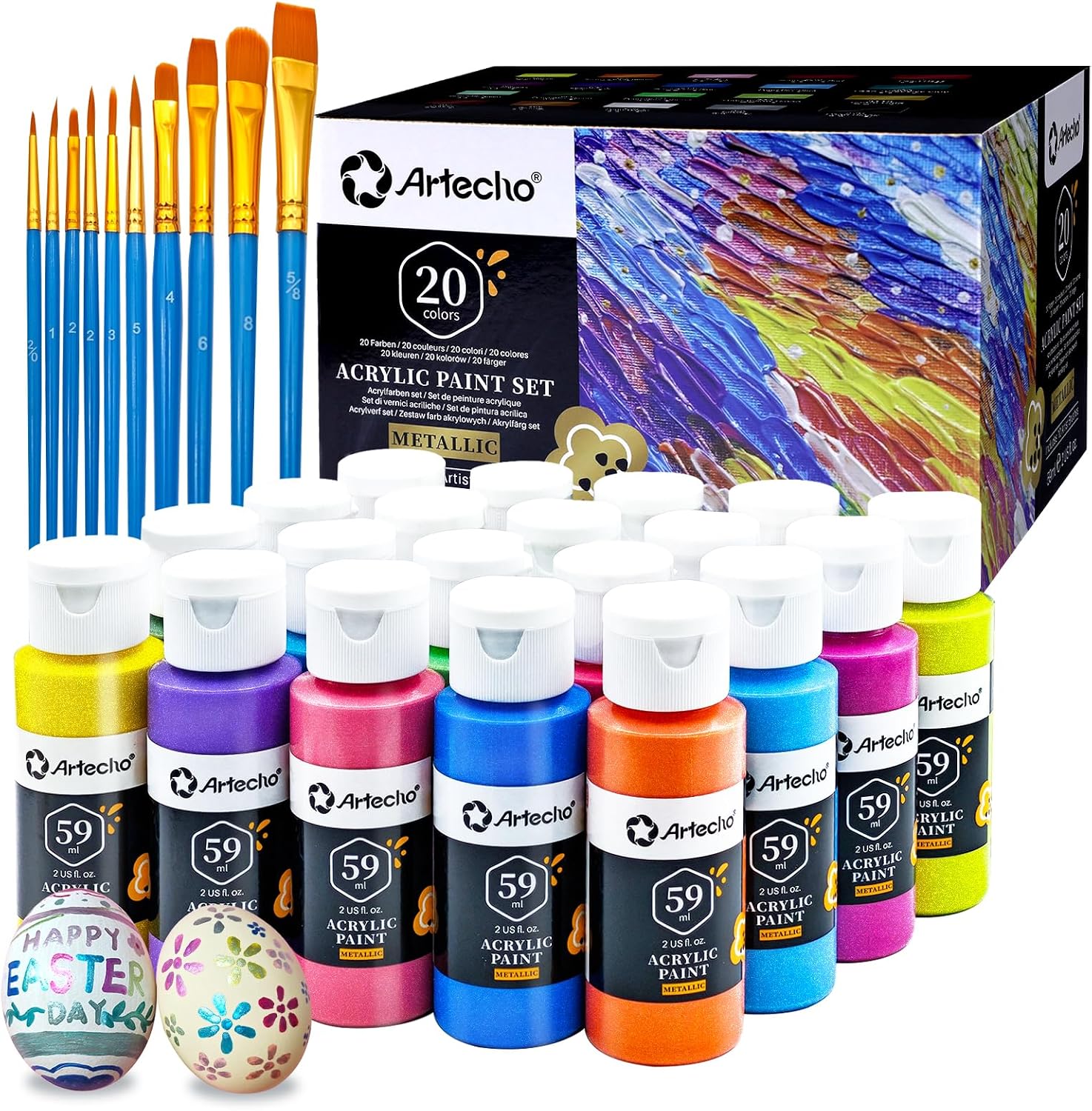 Artecho Acrylic Paint Set 20 Metallic Colors 2oz/59ml with 10 Brushes