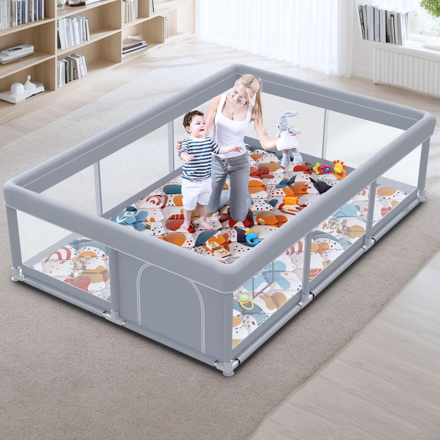 Baby Playpen 74"x50" with Mat Play Pens for Babies and Toddlers, Large Play Yards for Indoor & Outdoor with Zipper Gates