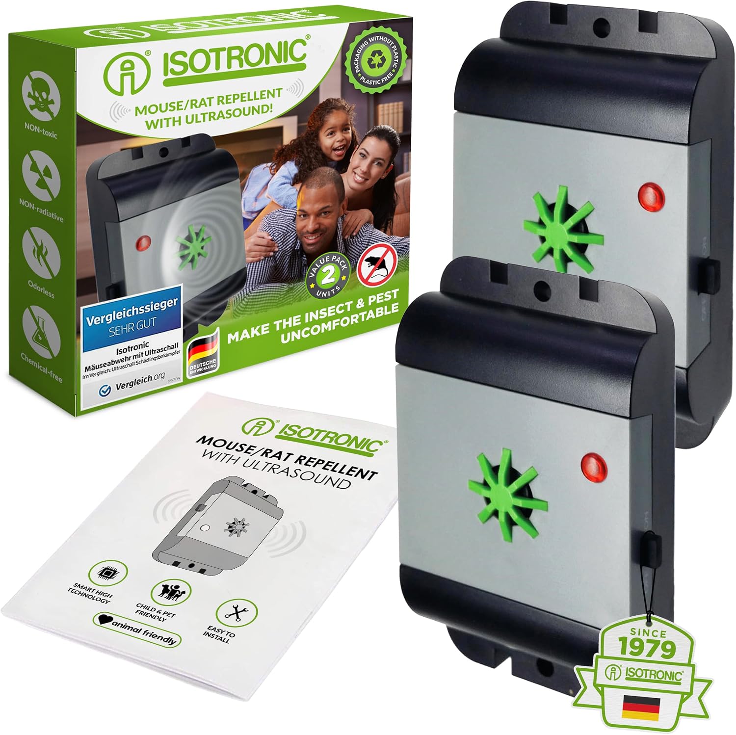 ISOTRONIC Mouse Repellent/Rat Repellent with Ultrasound, Test Winner Electronic Pest Repeller for Home, Basement, Garden, Mice and Rats Repel Without Chemicals and Mouse Trap, 2 pieces