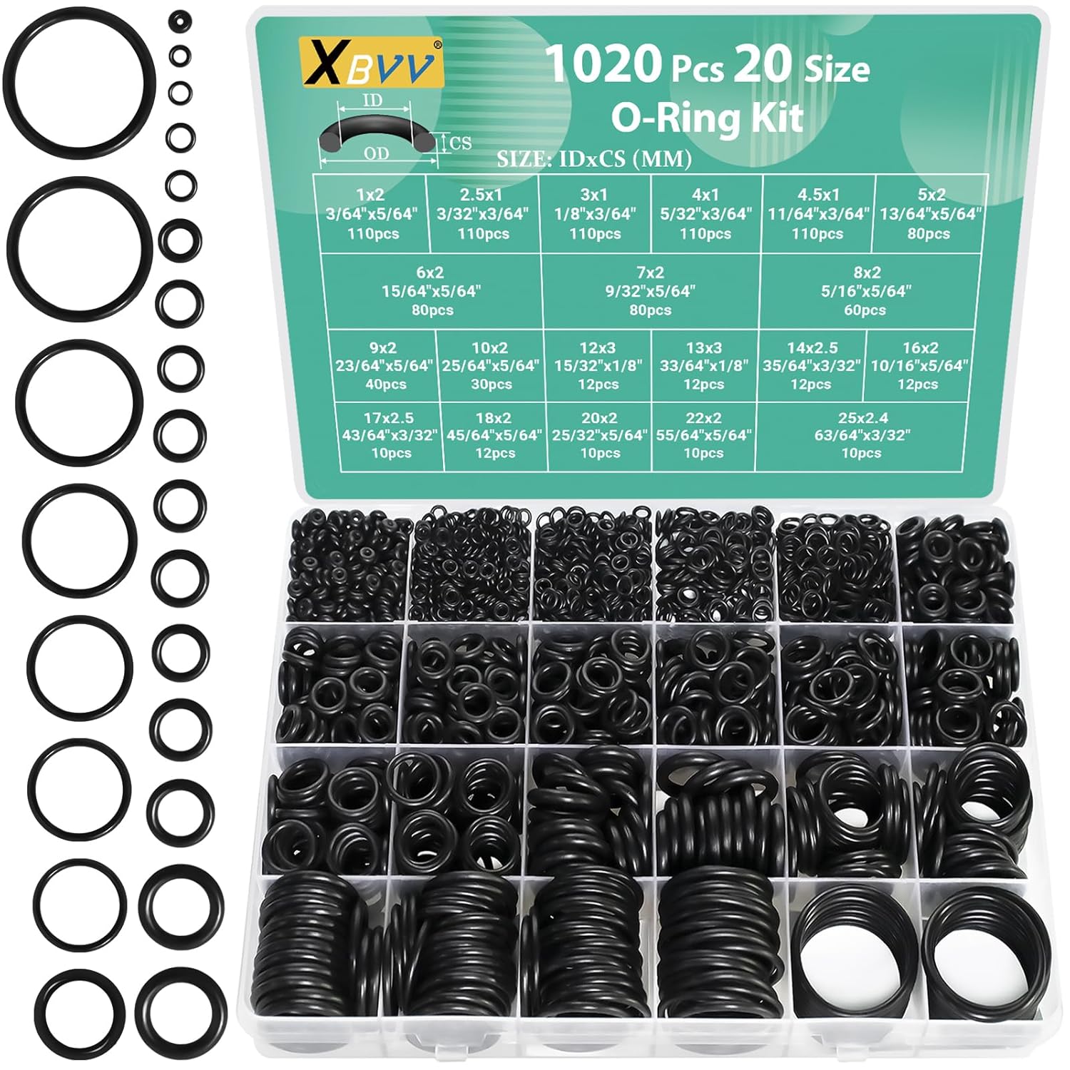 XBVV 1020 Pcs O Ring Kit 20 Size Nitrile Rubber O ring Assortment Set for Car Auto Vehicle Repair Faucet Plumbing Air or Gas Sealing Connections Resist Oil and Heat