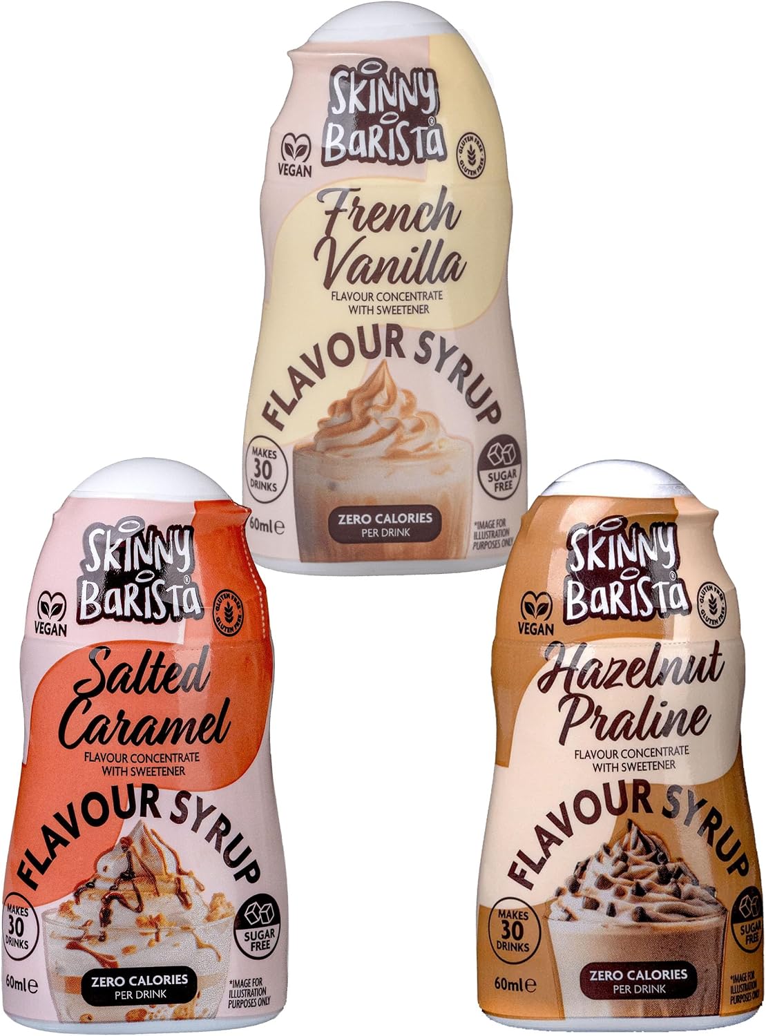 The Skinny Food Coffee Flavour Vegan Syrup Bundle Pack - Salted Caramel, French Vanilla & Hazelnut Praline Concentrate with sweetener 60ml x Pack of 3
