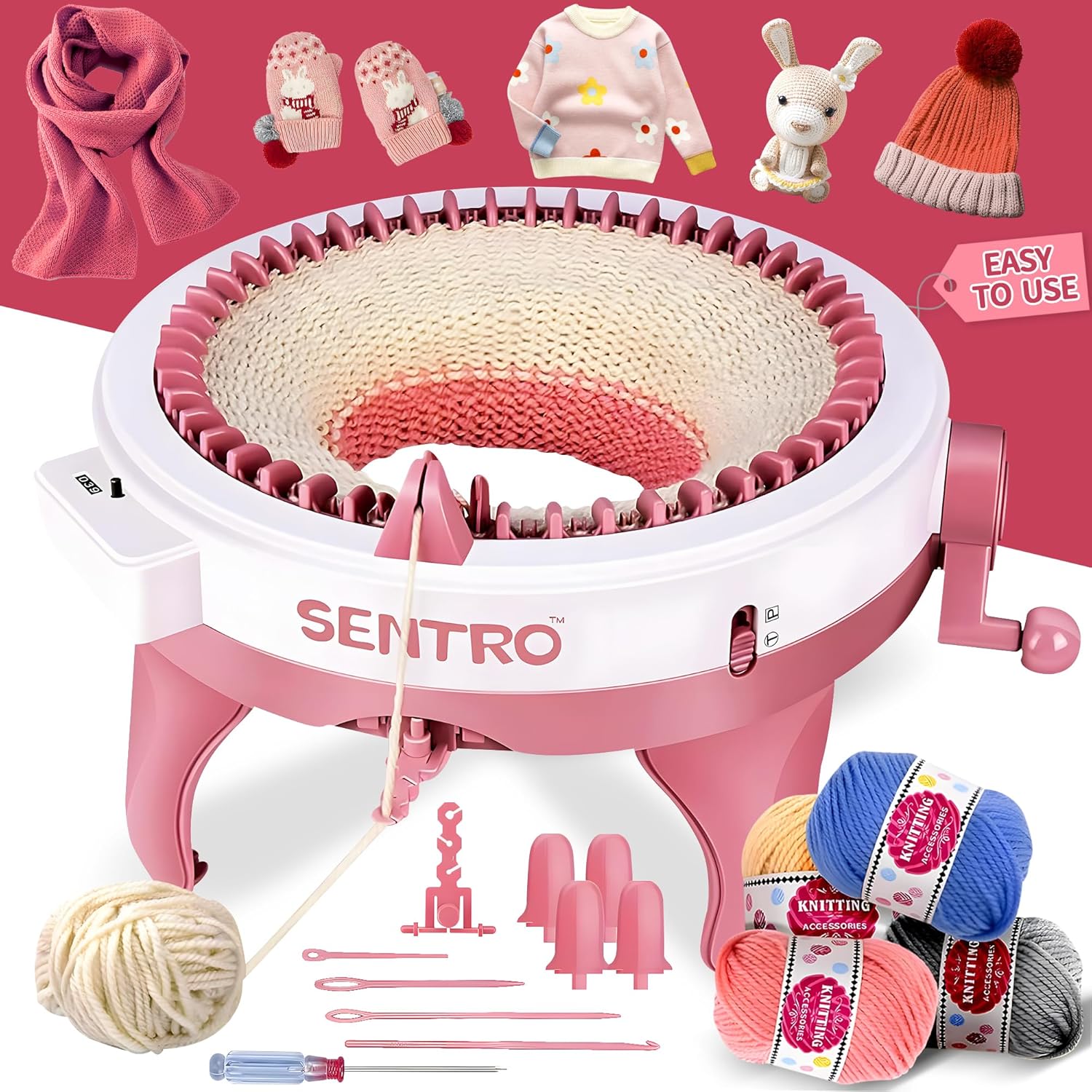 ROHSCE 48 Needle Knitting Machine, Dual Mode, Kids Gift, Round & Flat Knitting, Includes Wool, Accessories
