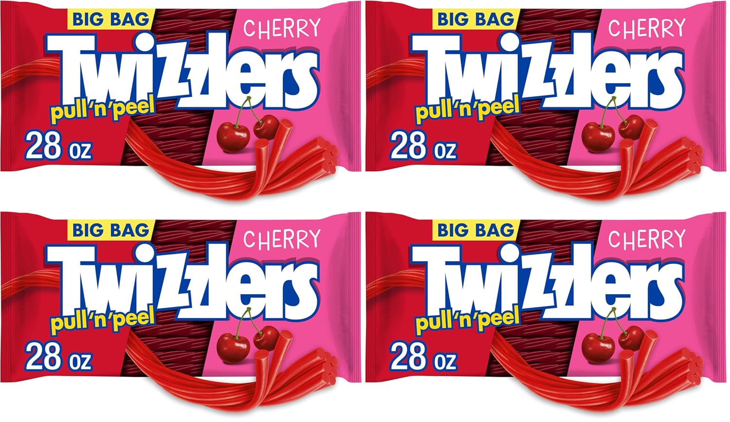TWIZZLERS PULL 'N' PEEL Cherry Flavored Licorice Style, Chewy Candy Big Bag, 28 oz (Pack of 4)