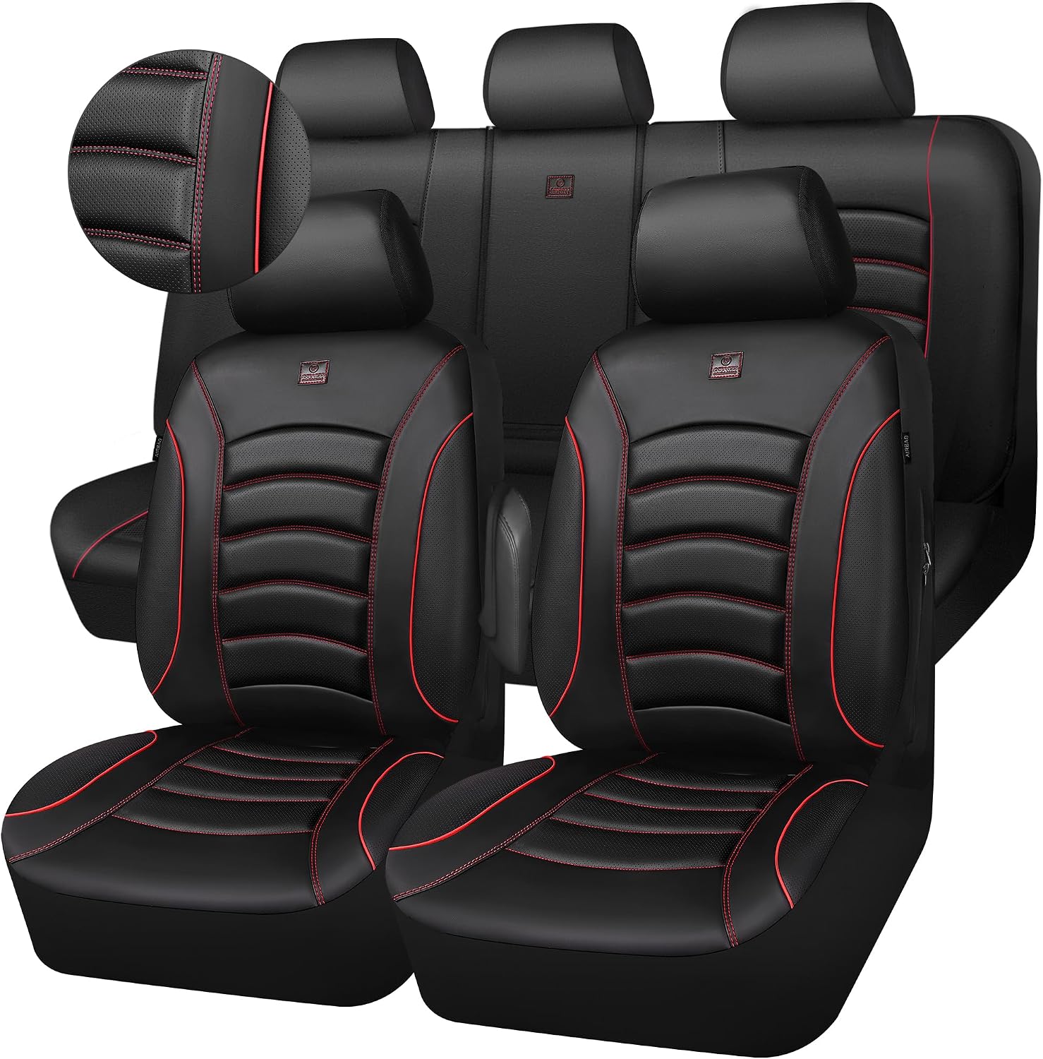CAR PASS 3D Foam PU Leather Car Seat Covers, Universal Seat Covers Full Sets for Trucks SUV Sedan Automotive Seat Covers Armrest Airbag Compatible Waterproof Comfortable Faux Nappa Leather Black Red