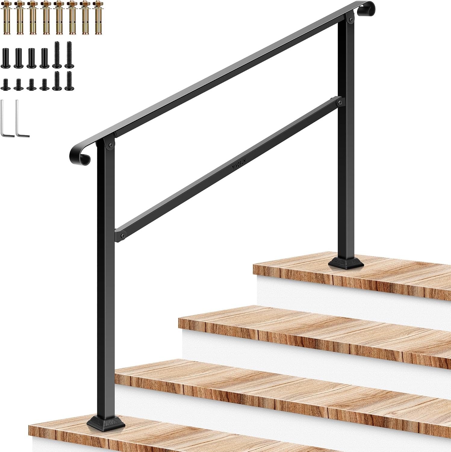 VIVOSUN 4-Step Stair Handrail 54"x36" Wrought Iron with Curved Ends Black