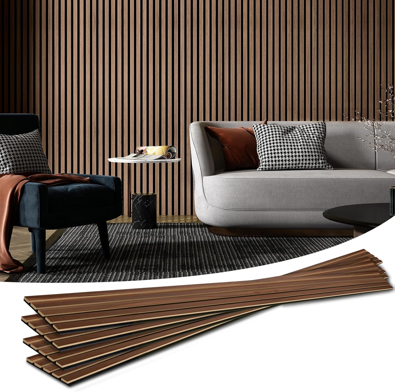 Art3d 4-Piece Wood Slat Acoustic Panels for Stylish Decor and Noise Reduction, 3D Textured Panel for Ceiling and Wall, Walnut
