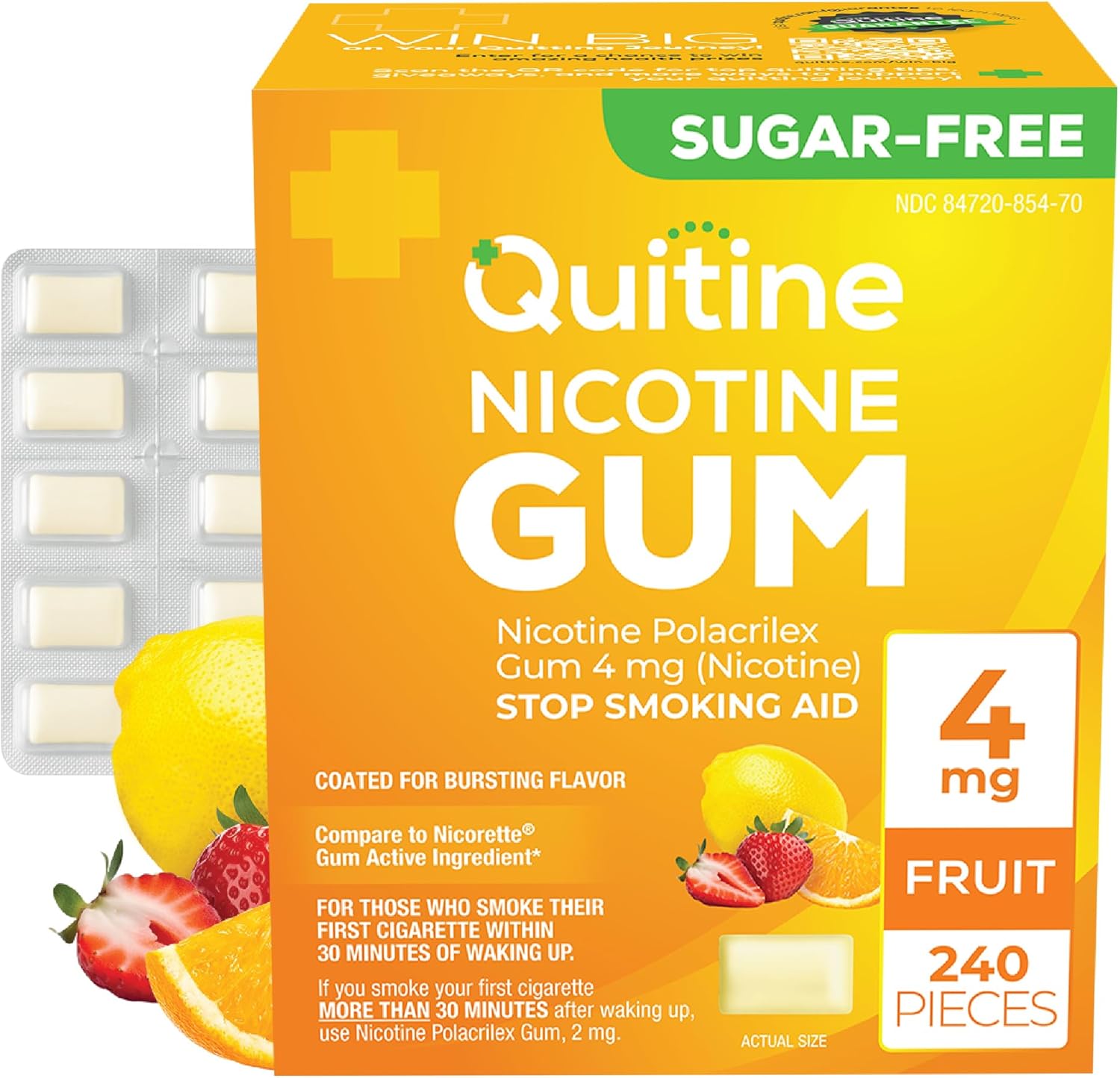 Quitine Nicotine Gum 4mg, Fruit Flavor, Stop Smoking Aid – Relieve Nicotine Cravings with Effective, Affordable NRT | Long-Lasting Flavor, 240 Count, Traditional Gum to Support Your Quit Journey