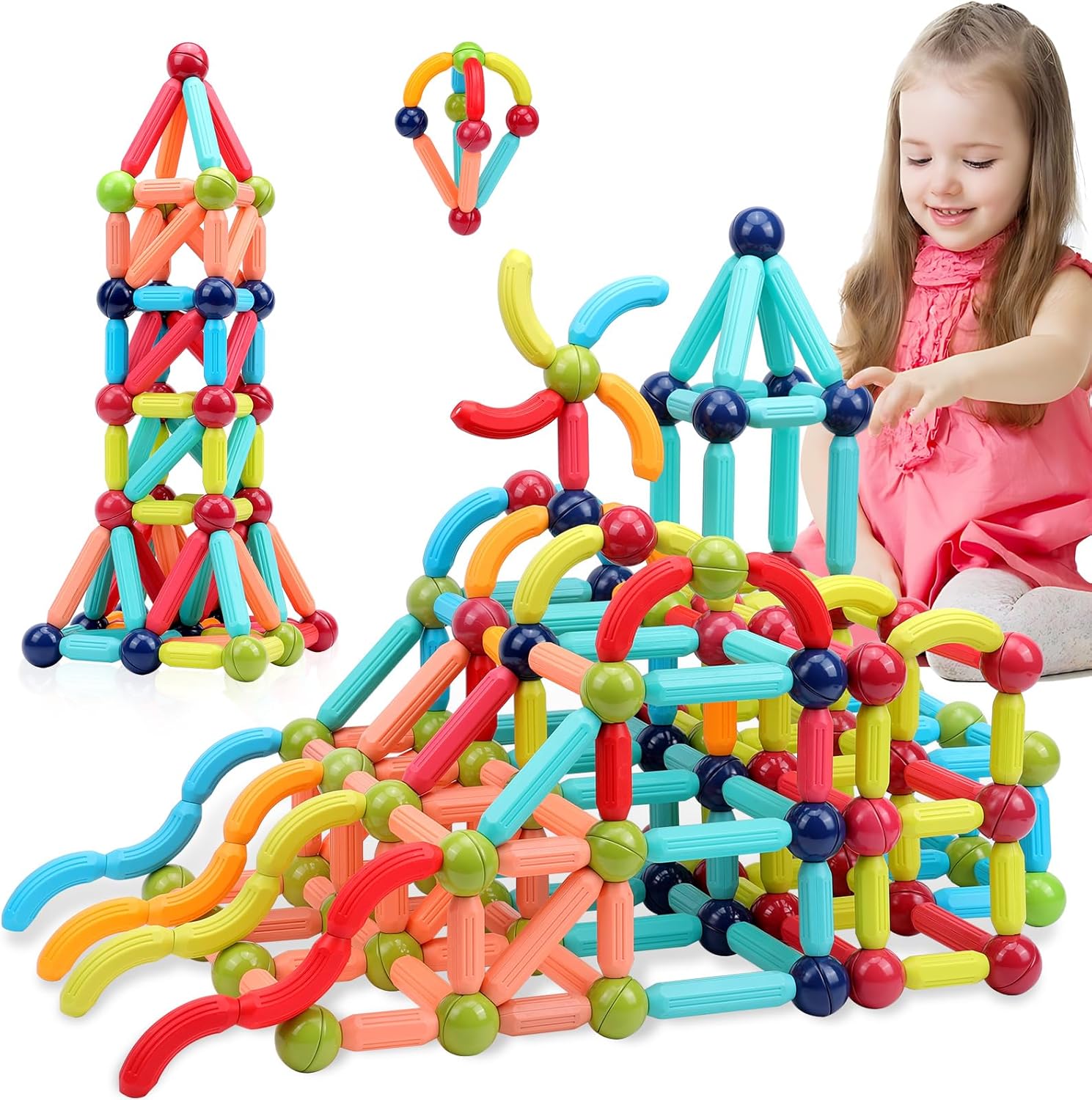 COUOMOXA Magnetic Building Blocks for Kids: Magnetic Stick Montessori Game for 3 4 5 Years Old Toddlers - STEM Starter Toy for Kids Age 3-5 Preschool - Birthday Gift for Boys Girls