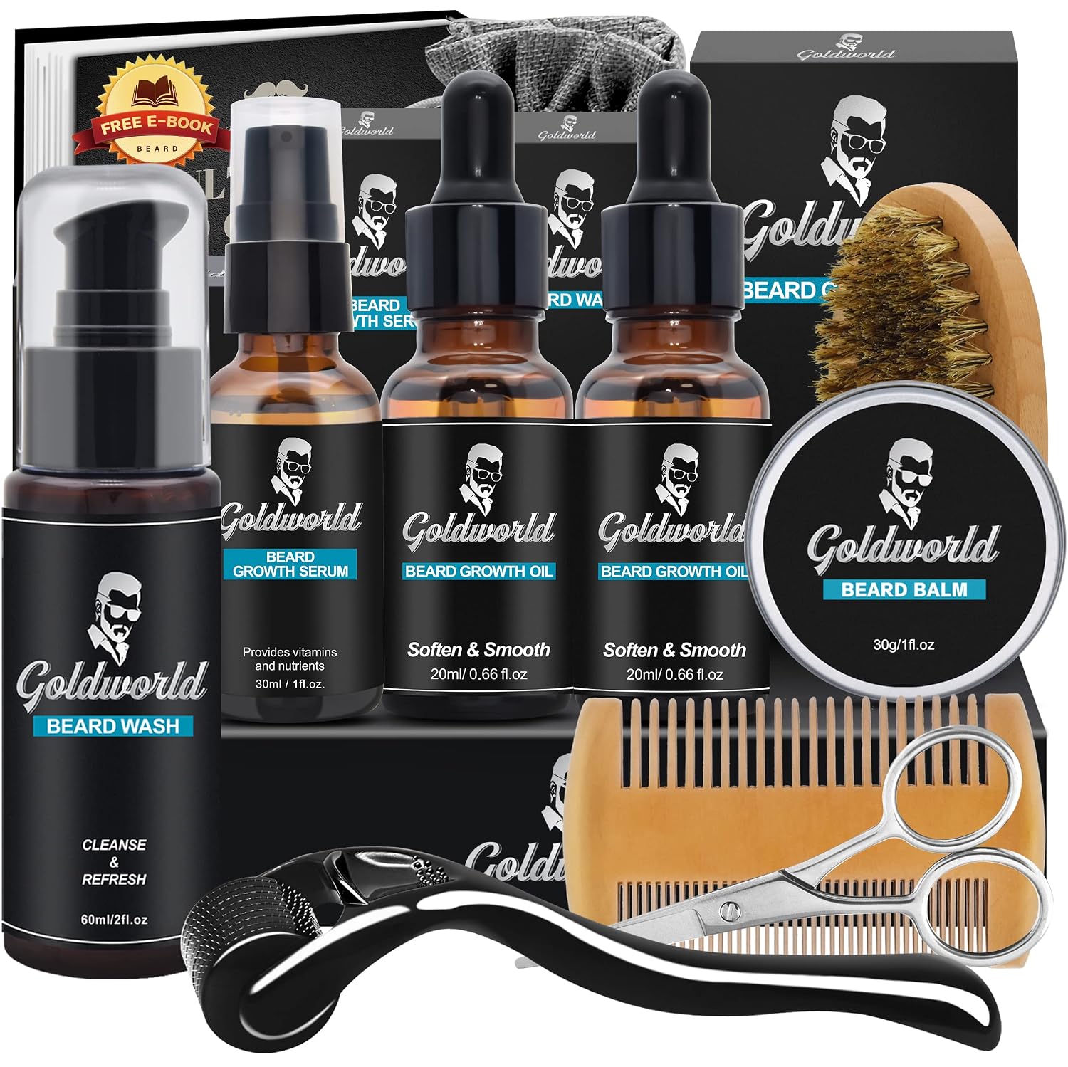 Beard Kit,Beard Grooming Kit w/Beard Wash/Shampoo,2 Packs Beard Oil,Beard Balm,Beard Wash,Brush,Comb,Scissor,Storage Bag,E-Book,Beard Care & Trimming Kit Gifts for Men Him