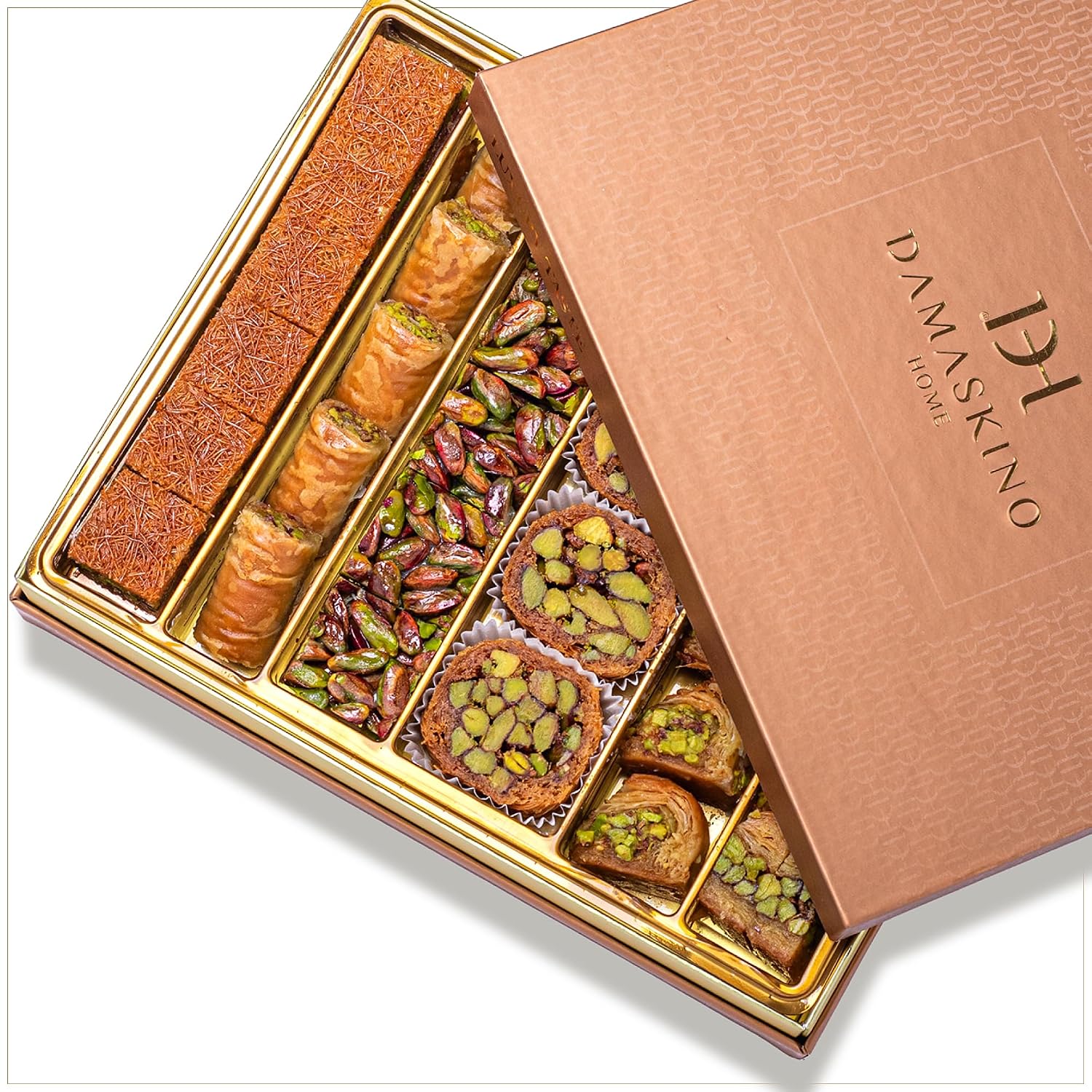 Damaskino Home Assorted Baklava Gift Box 1.2lbs – 33 Pieces of Turkish Baklava Pistachio & Kunefe Pastries – Authentic Middle Eastern Sweets Made with Phyllo Dough and Katafi Shredded Pastry