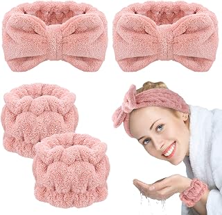Chuangdi 4 Pcs Microfiber Headband Spa Wristbands and Wrist Bands for Washing Face Cuffs Towel Wristbands Hair Headband Face Wash Wristband Cuffs for Women Makeup(Pink)