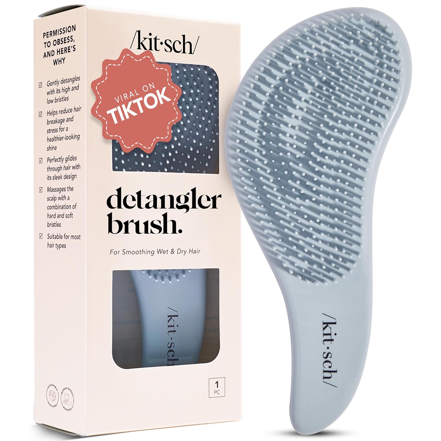 Kitsch Detangler Brush – Gentle Curly Hair Brush with Flexible Bristles for All Hair Types - Wet or Dry | Detangling Hair Brushes for Women & Men, Adults & Kids - Haze Blue