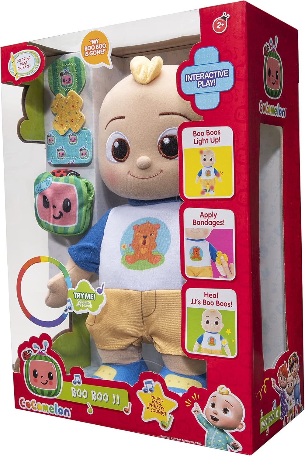 CoComelon Official Boo Boo JJ Feature Plush - Boo Boo Areas Light Up (Head, Elbow, Knee, Foot) - Help Heal JJ’s Boo Boo’s with Bandages
