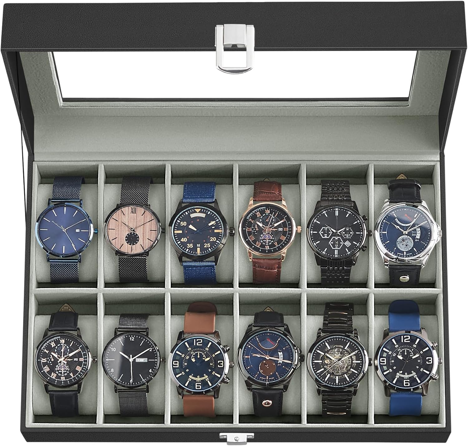 SONGMICS Watch Box, 12-Slot Watch Case with Large Glass Lid, Removable Watch Pillows, Watch Box Organizer, Gift for Loved Ones, Black Synthetic Leather, Gray Lining UJWB12BK