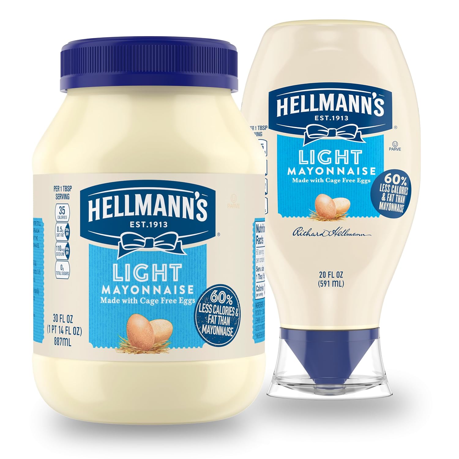 Hellmann's Light Mayonnaise Light Mayo Squeeze Bottle For a Creamy Condiment for Sandwiches and Simple Meals Made With 100% Cage-Free Eggs 20 oz