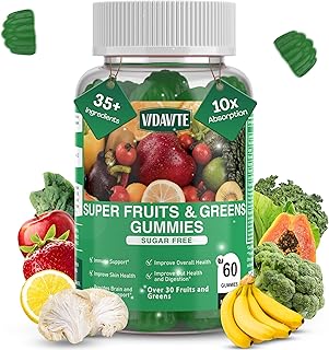 Sugar-Free Fruit and Veggie Gummies — 35+ Greens, Fruit and Vegetable Vitamins to Boost Immunity, Skin & Gut Health — Ideal Fruit and Vegetable Supplement for Adults & Kids (60 Gummies)