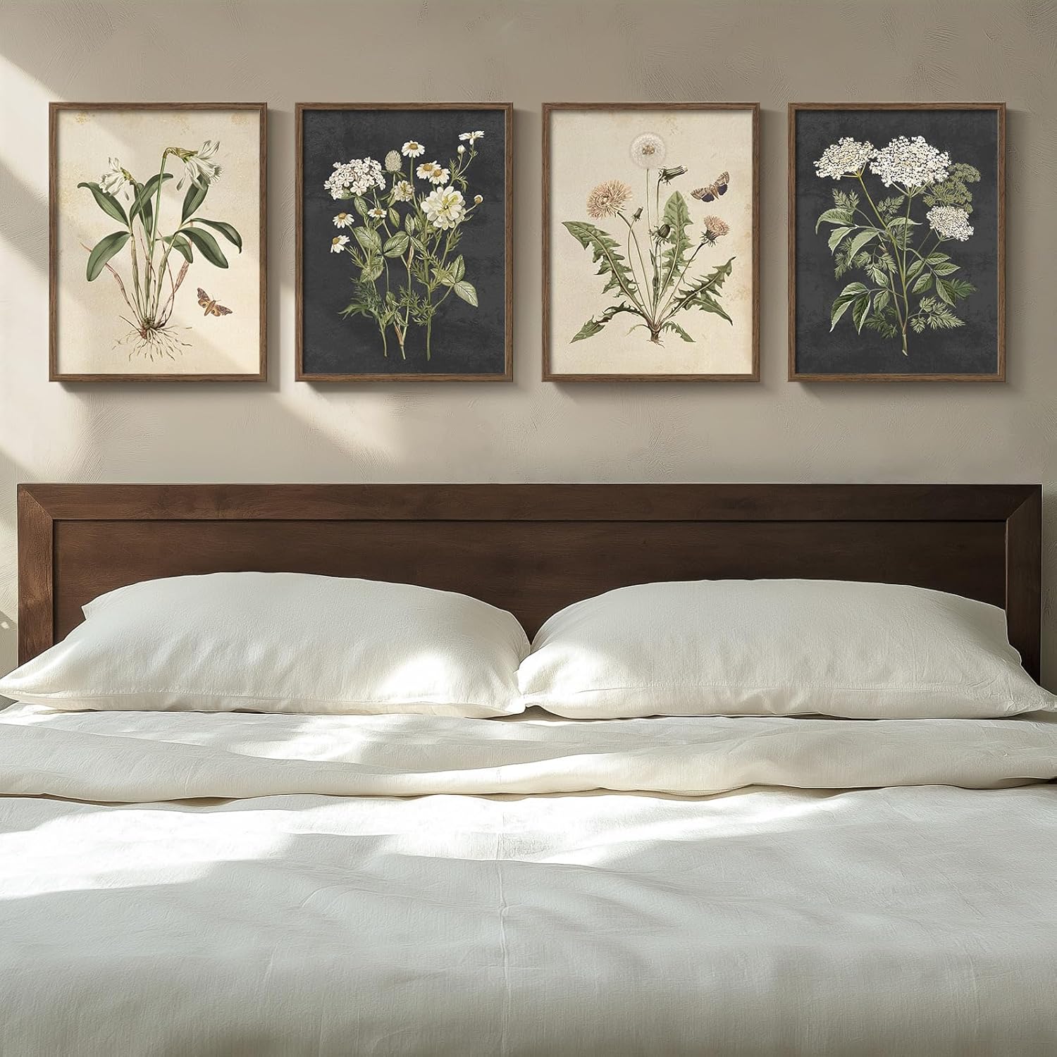 Framed Botanical Wall Art, Set of 4 Piece Rustic Floral Canvas Paintings Prints ArtWork for Walls, Vintage Minimalist Flower Butterfly Pictures for Farmhouse Living Room Bedroom Kitchen Bathroom Wall Decor
