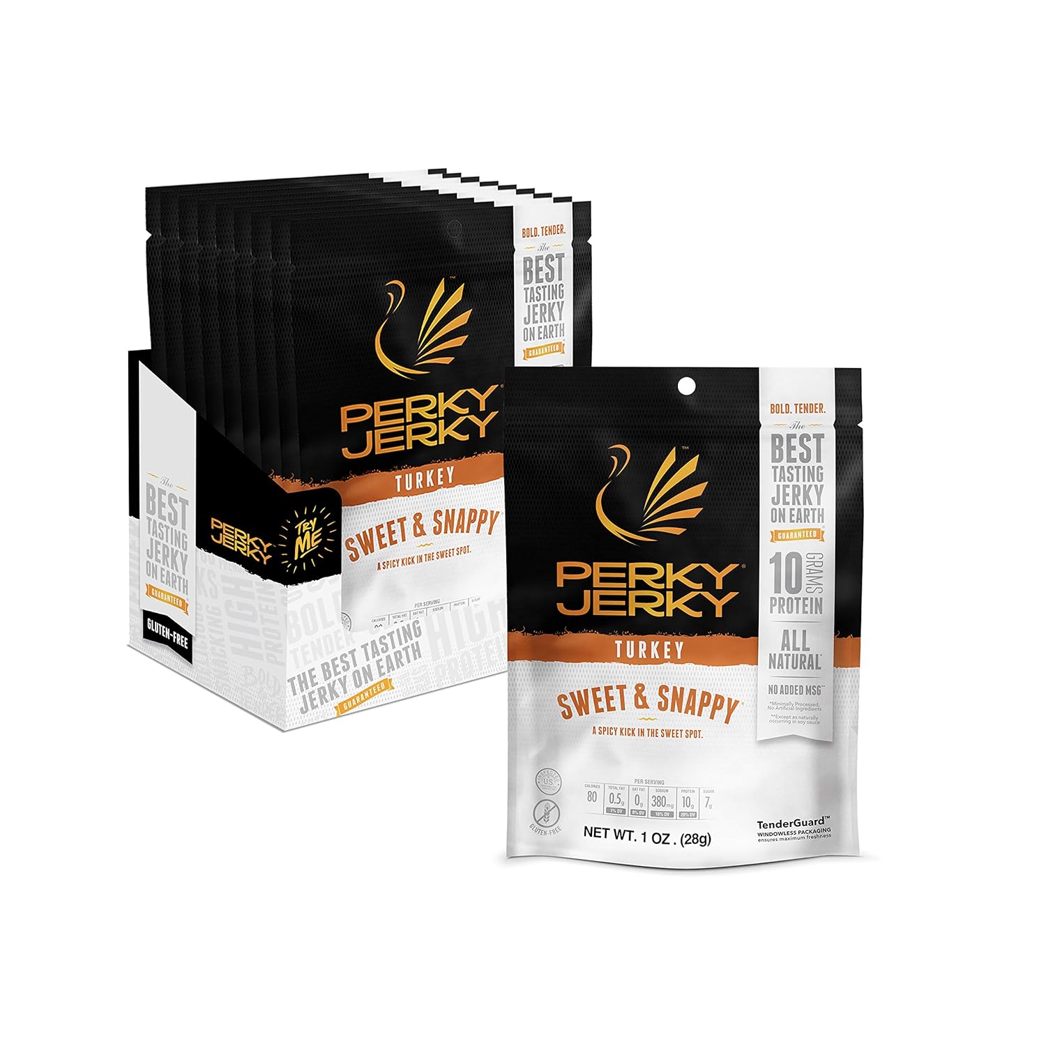 Perky Jerky Sweet and Snappy Turkey Jerky, 1oz (Pack of 12) - Low Sodium - 10g Protein per Serving - Low Fat - 100% U.S. Sourced - Tender Texture