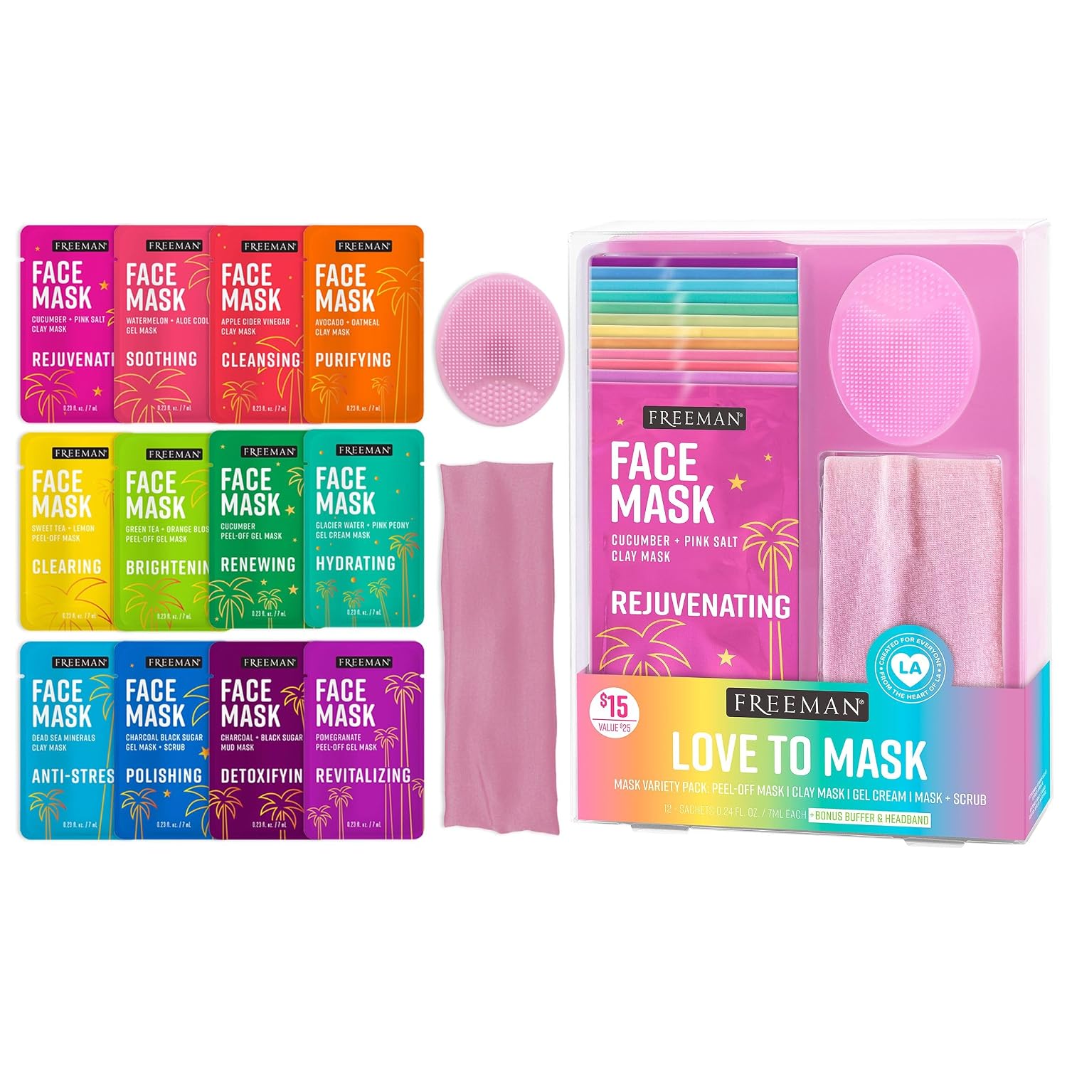 Freeman Facial Love To Mask Variety Pack: Oil Absorbing Clay, Detoxifying Charcoal, Clearing Peel Off, Hydrating Gel Cream, Exfoliating Scrub (14 Piece Kit with Bonus Buffer and Headband)