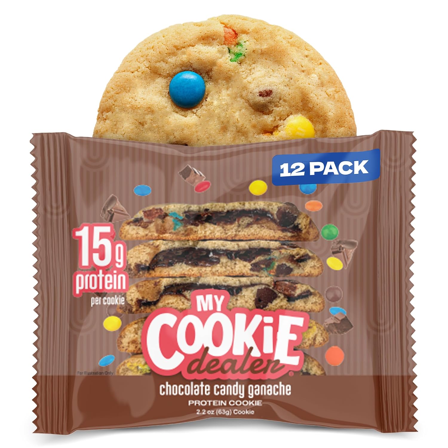 My Cookie Dealer Protein Cookies, Chocolate Candy Ganache (2.2oz, Pack of 12) - 15g Protein per Cookie - Individually Wrapped Workout Snacks for On-The-Go Travel