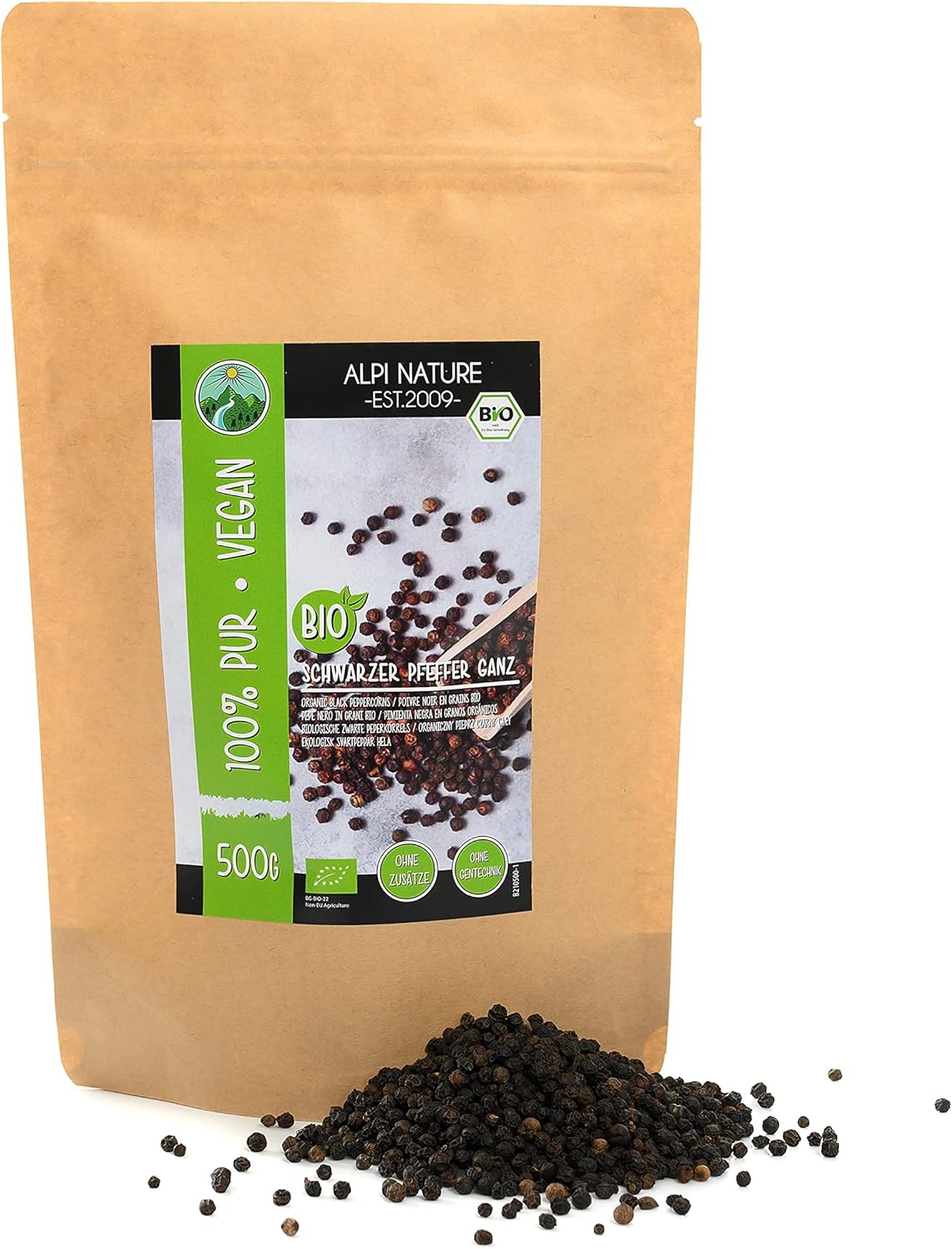 Alpi Nature Organic Black Pepper 500g 1.1 lb, Whole Peppercorns, Whole Black Peppercorns