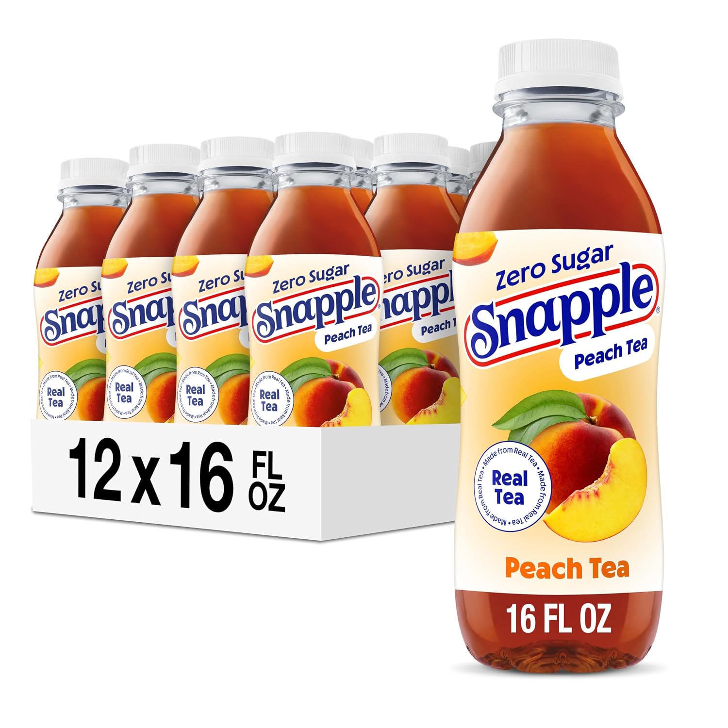Snapple Zero Sugar Peach Tea, 16 fl oz recycled plastic bottle (Pack of 12)