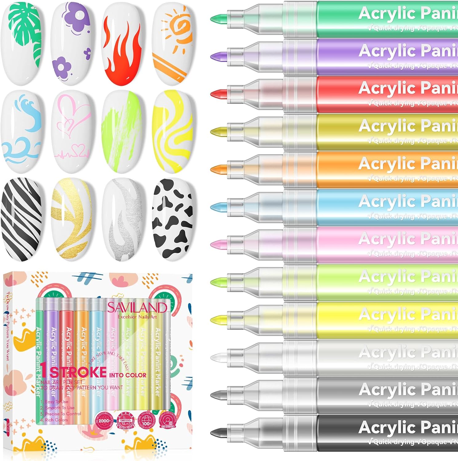 Saviland 12Pcs Nail Art Pens: Nail Art Tools for 3D Nail Polish Pens Nail Dotting Tools Acrylic Paint Pens Drawing Painting Point Liner Pen for Nails Art Design, Nail Art Kit for Home Salon